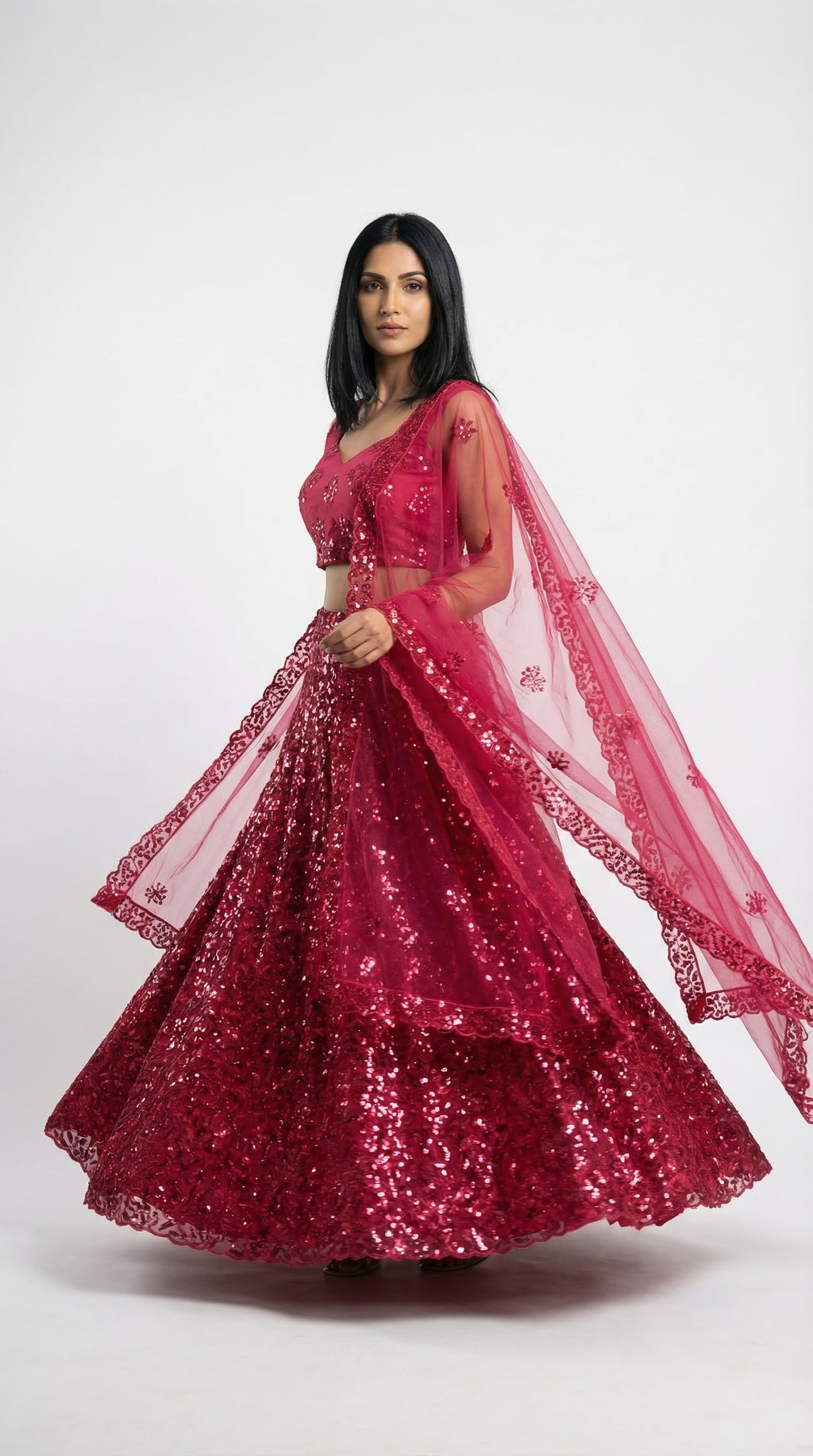 Crimson Red Sequin Embroidered Lehenga Set | Rosio House