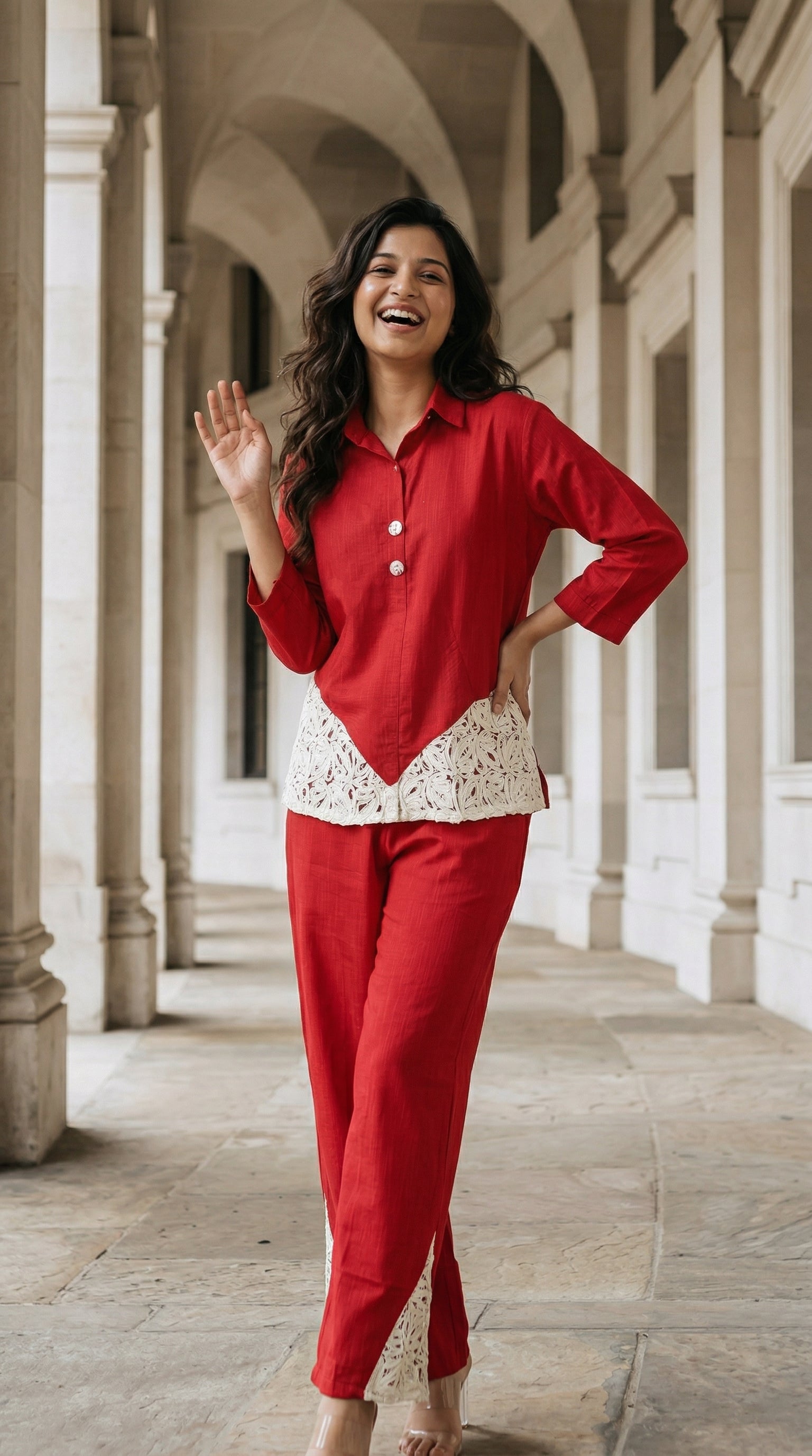 Red Pure Cotton Chiffli Lace Cord Set | Relaxed Fit Co-ord | Rosio House