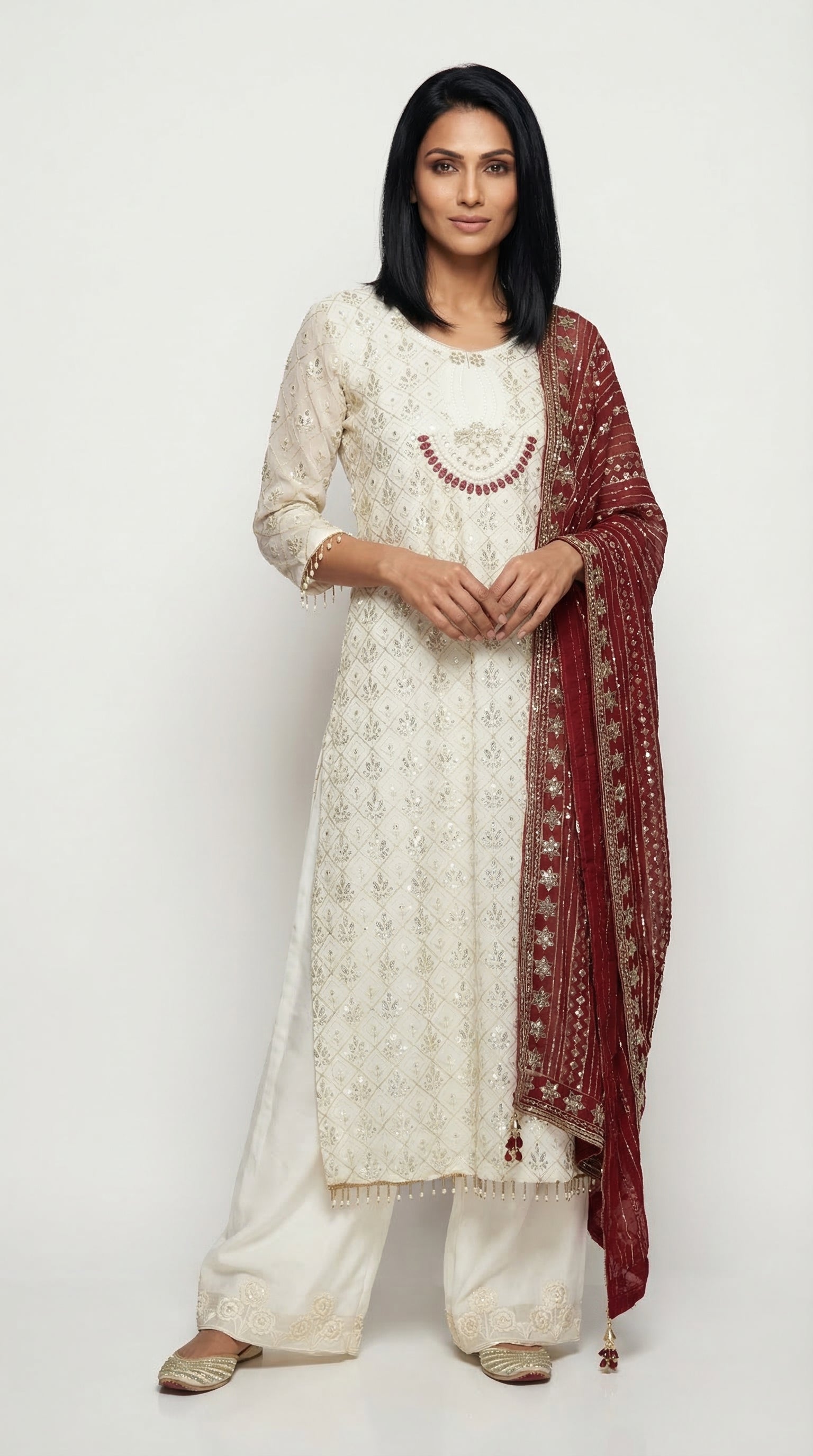 Ivory Sequence Palazzo Suit with Maroon Dupatta | Rosio House