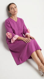 Orchid Magenta Cotton A-Line Dress with 3D Sleeve Flower | Rosio House