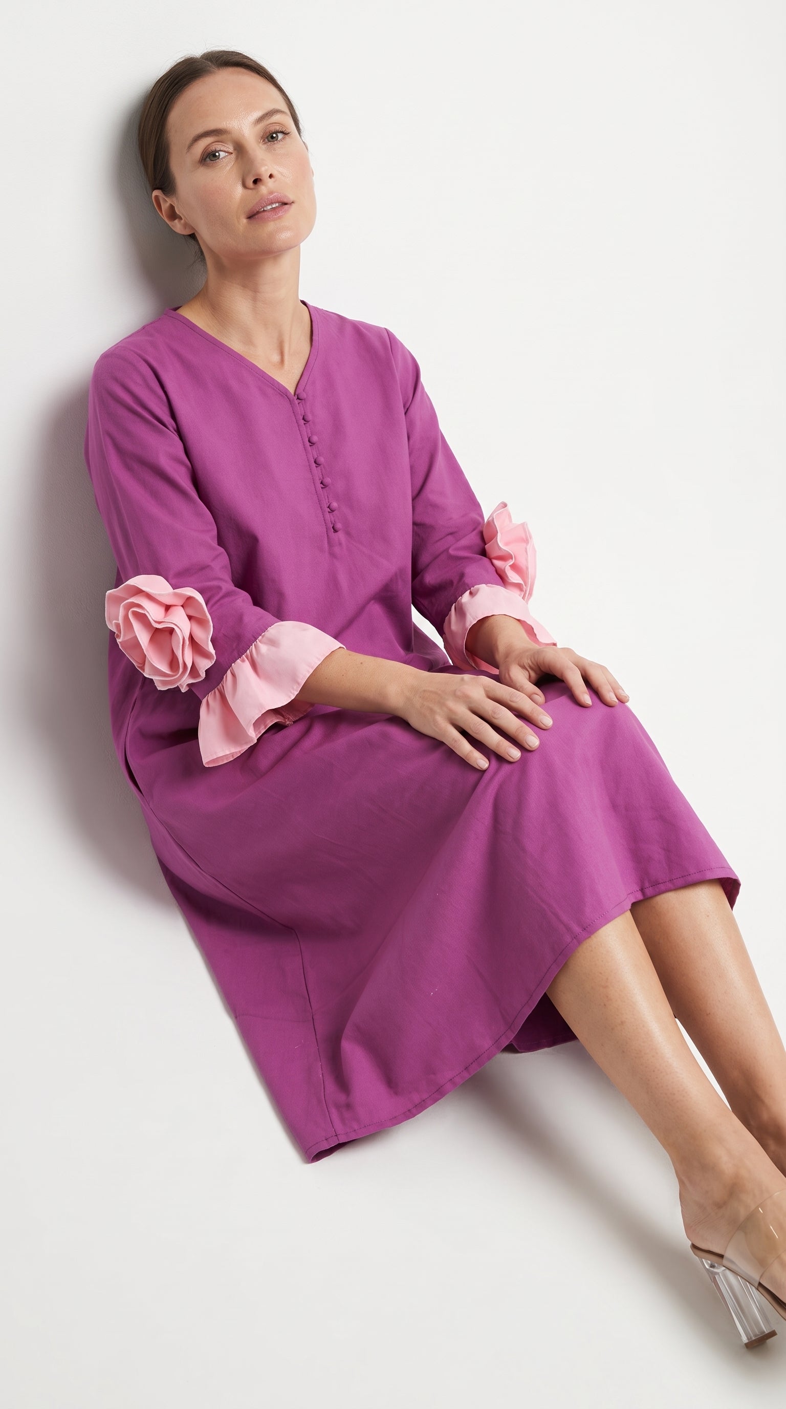 Orchid Magenta Cotton A-Line Dress with 3D Sleeve Flower | Rosio House