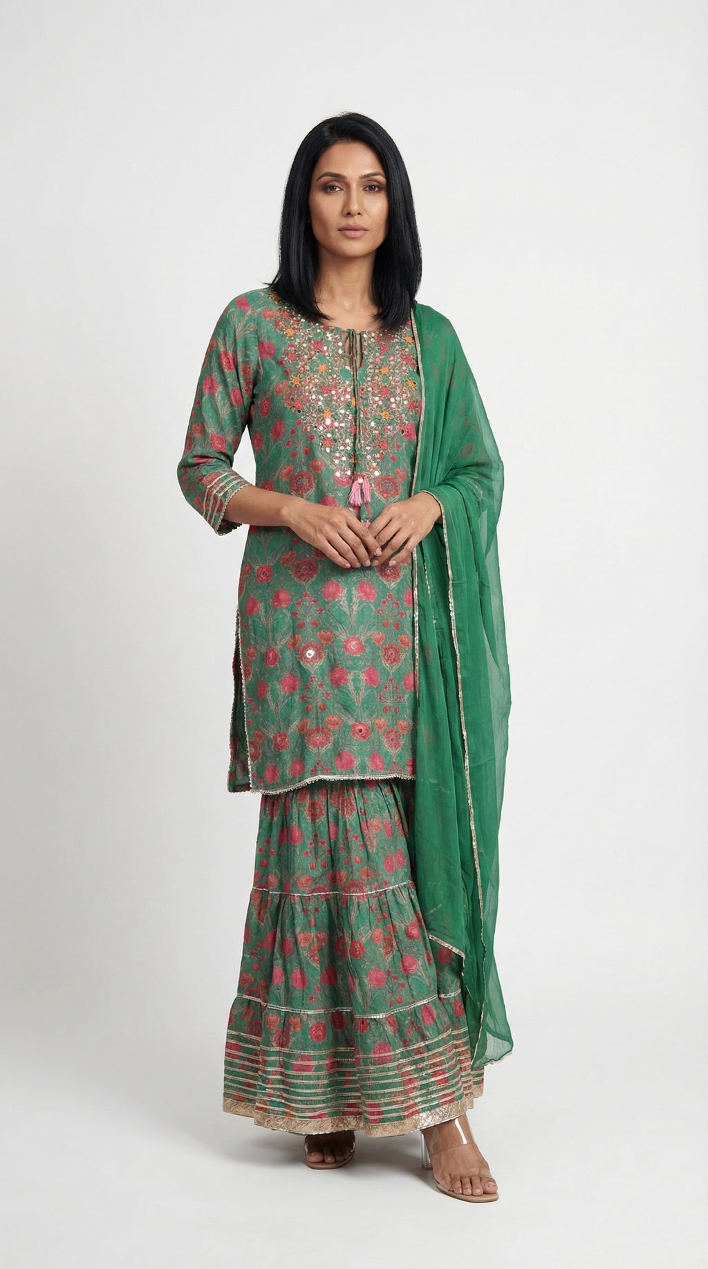 Deep Green Floral Mirror Work Sharara Suit | Rosio House