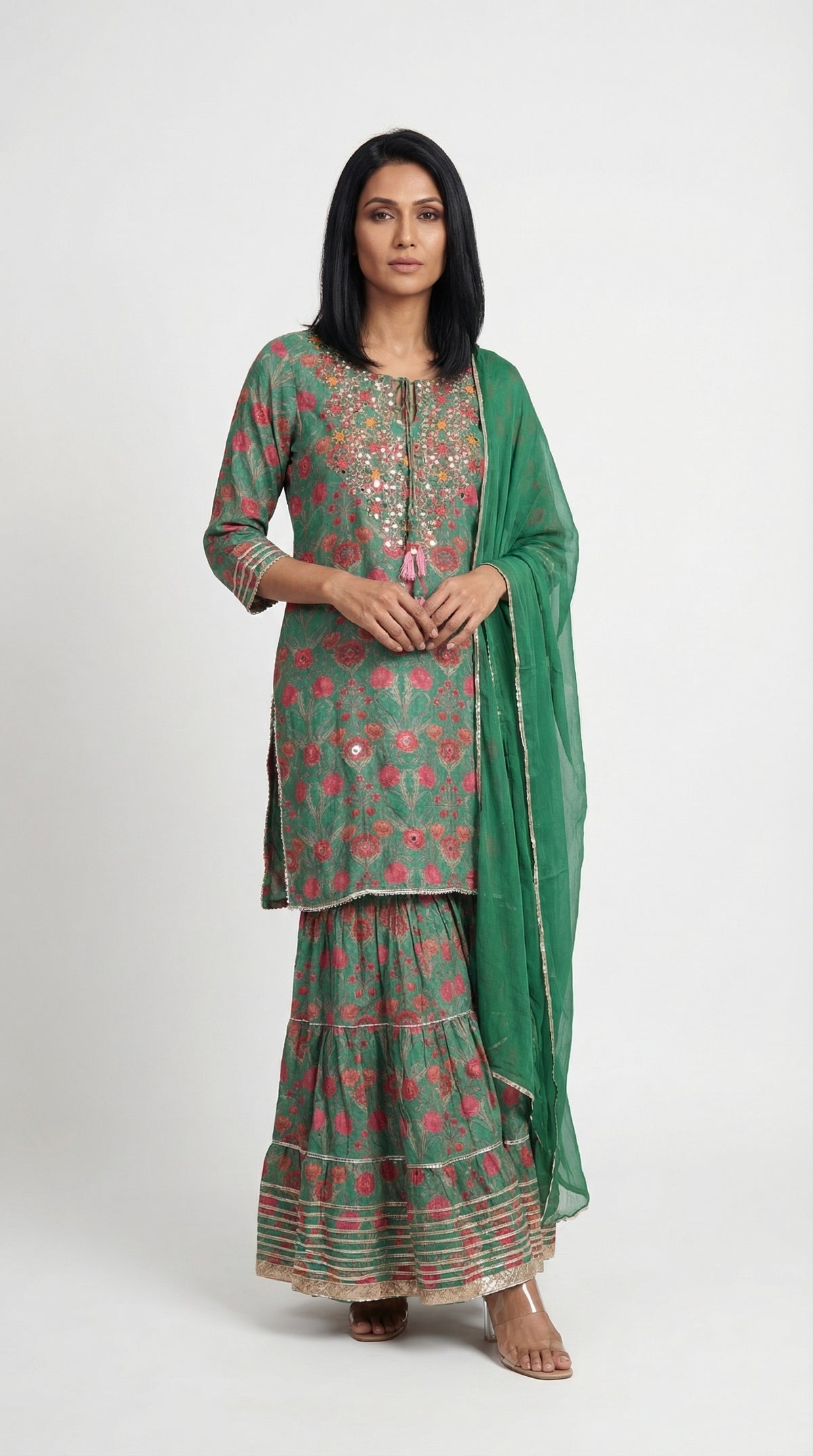 Deep Green Floral Mirror Work Sharara Suit | Rosio House