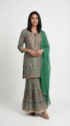 Deep Green Floral Mirror Work Sharara Suit | Rosio House