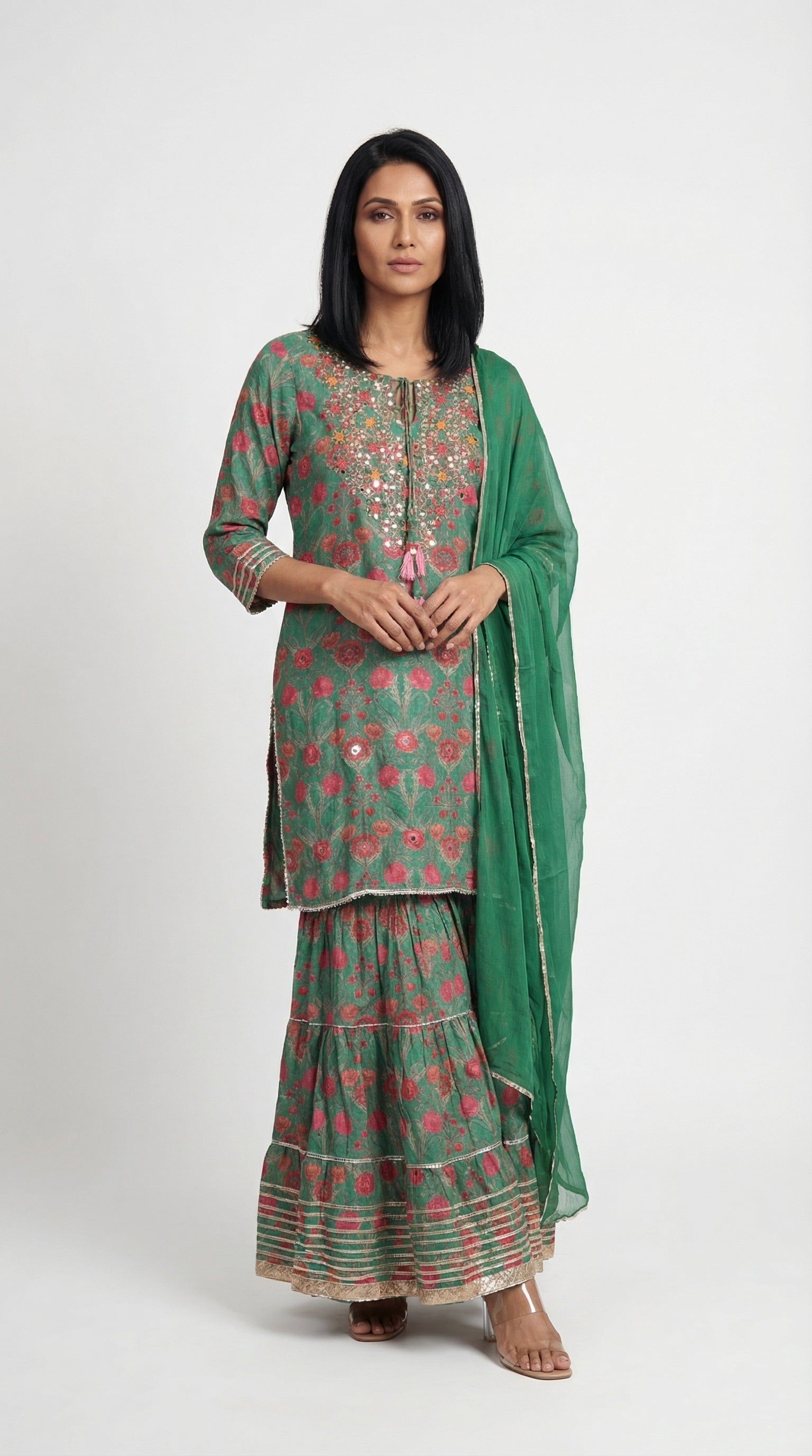 Deep Green Floral Mirror Work Sharara Suit | Rosio House