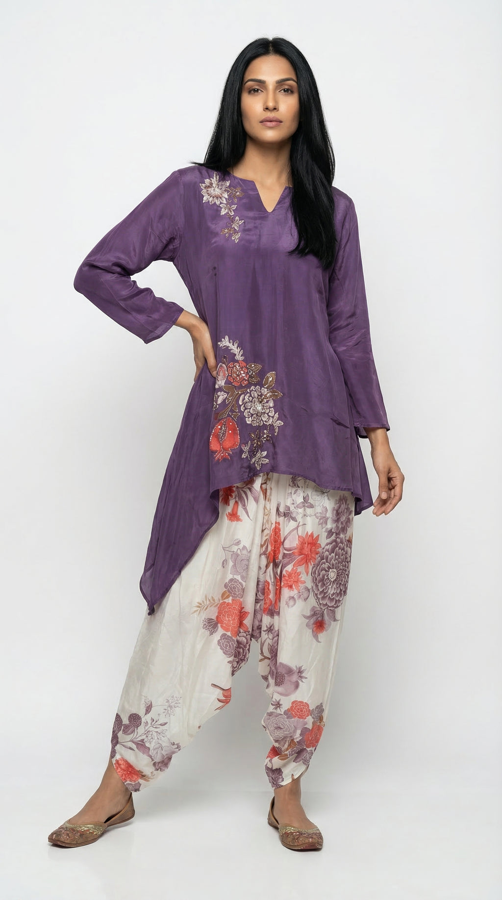 Plum Embroidered Kafta Suit & Floral Farshi Salwar | Rosio House