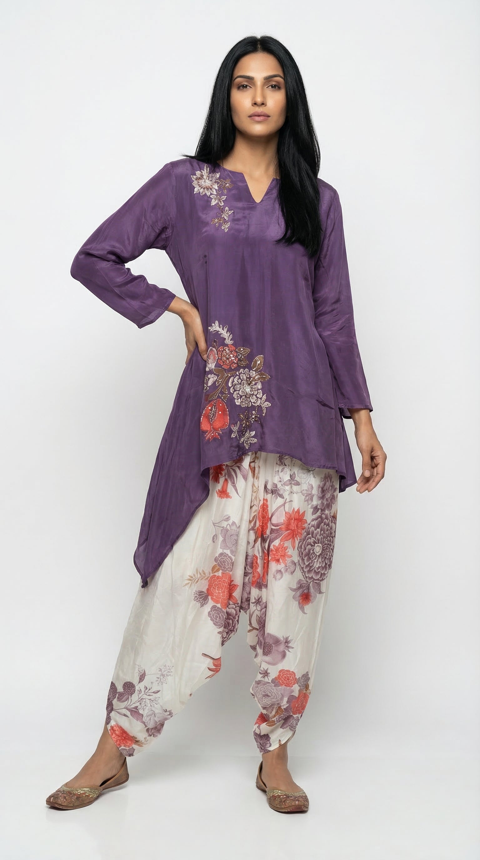 Plum Embroidered Kafta Suit & Floral Farshi Salwar | Rosio House
