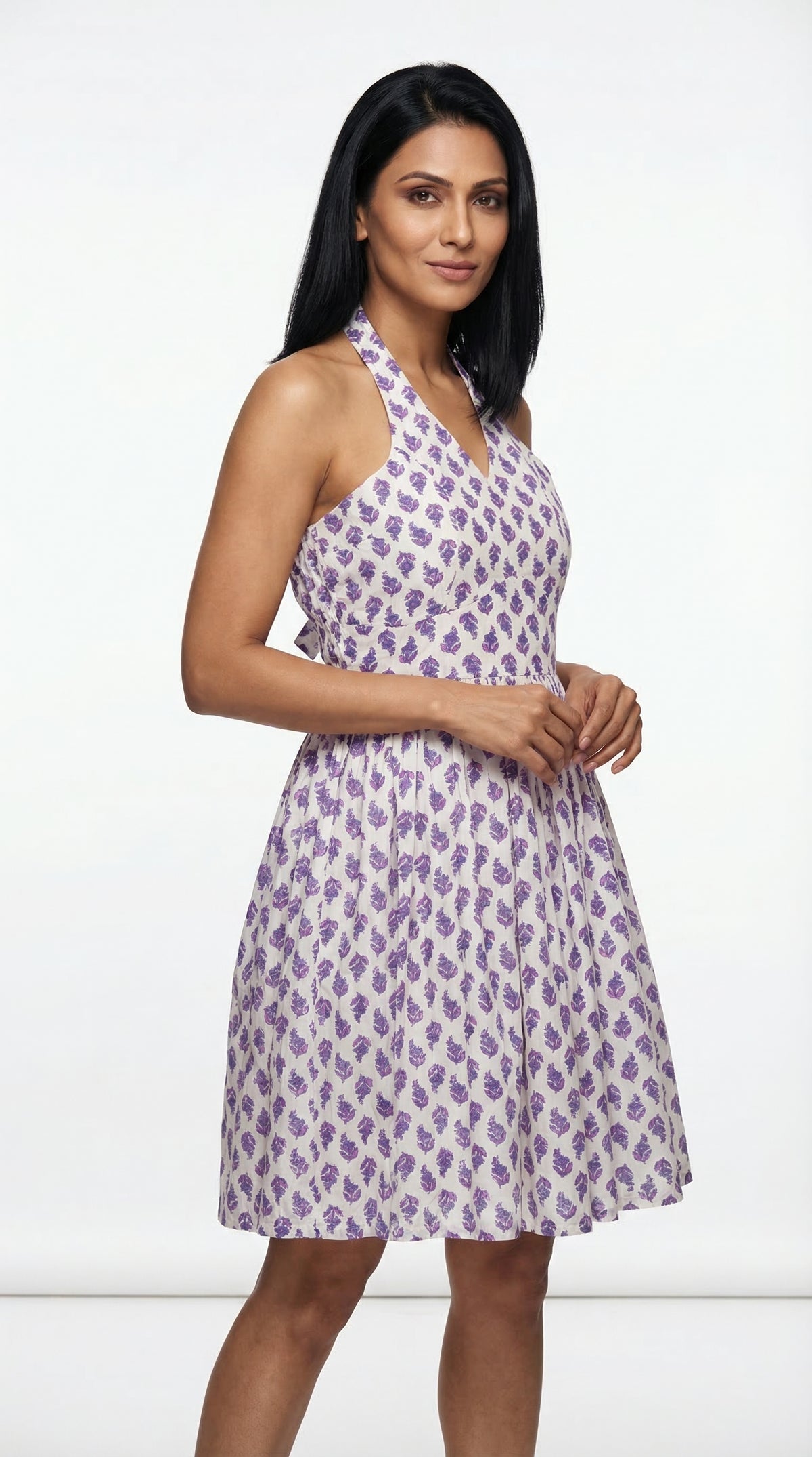 Purple Block Print Halter Neck Cotton Dress with Lining | Rosio House