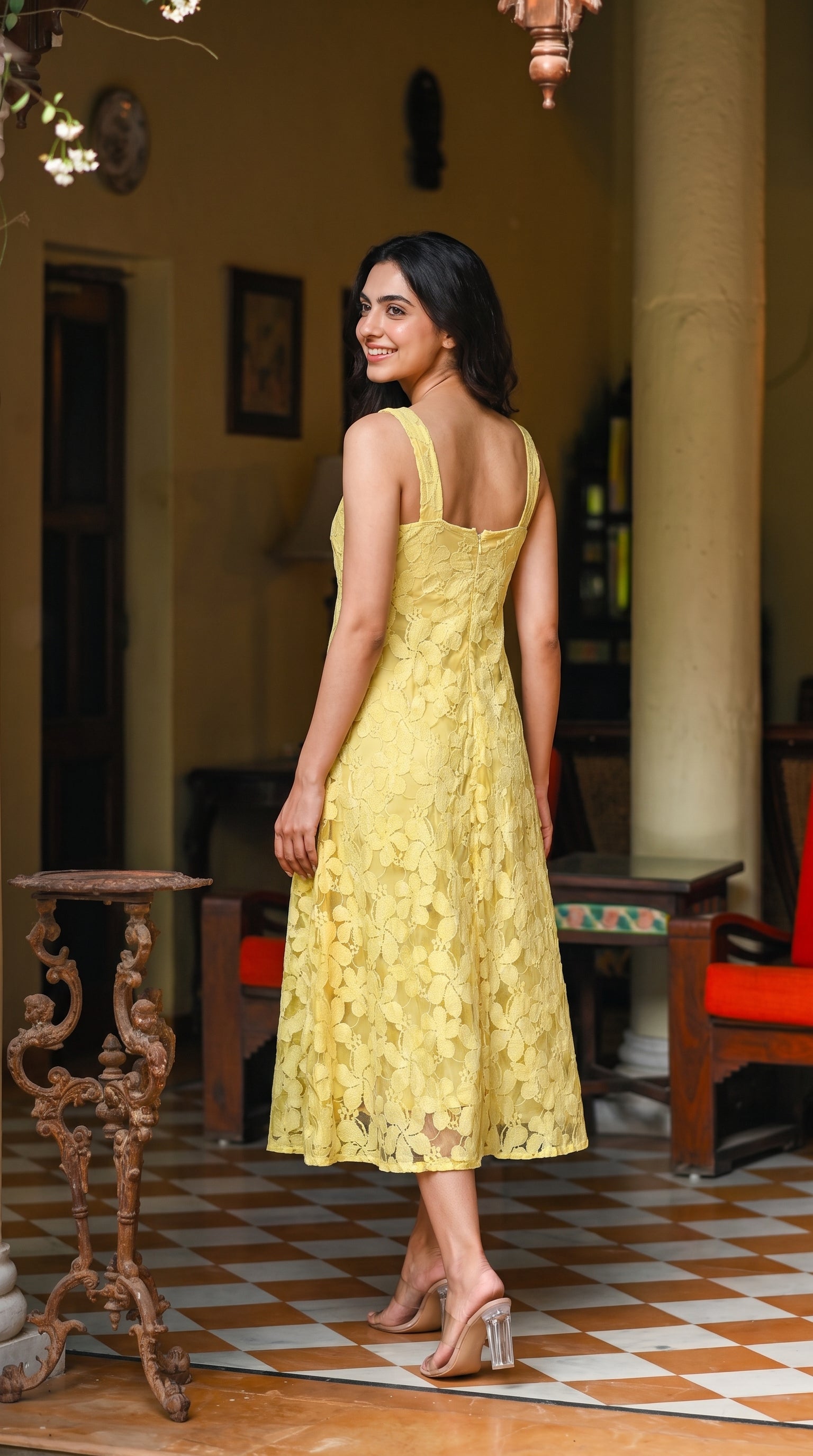 Yellow Flower Net Dress - Rosio House
