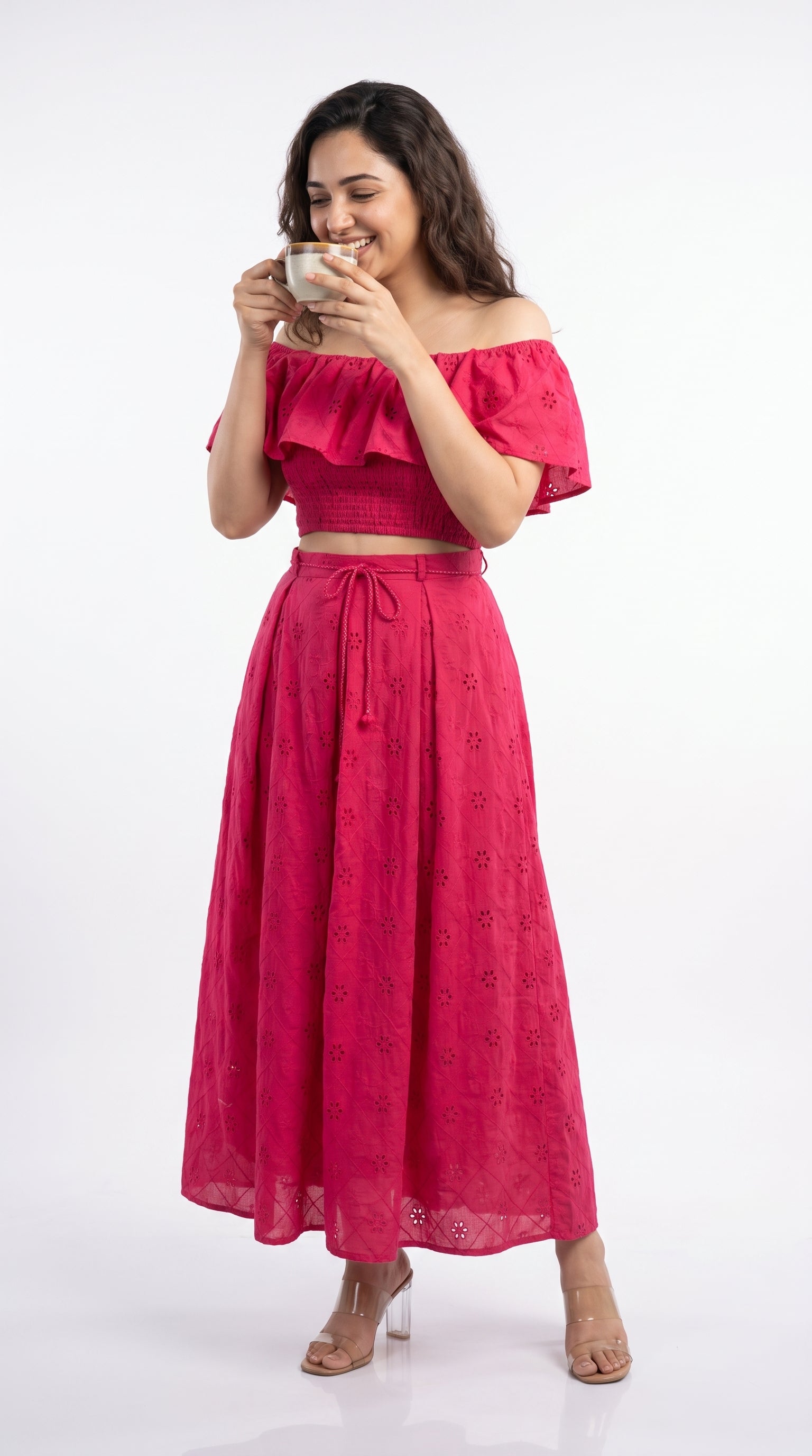 Fabric and embroidery detail of the Fuchsia Pink Dress, featuring Schiffli by Rosio House — ideal for Brunch