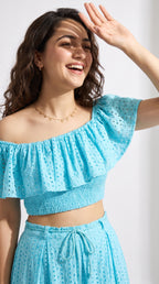 Styled full-length look of the Sky Blue Dress, featuring Schiffli by Rosio House