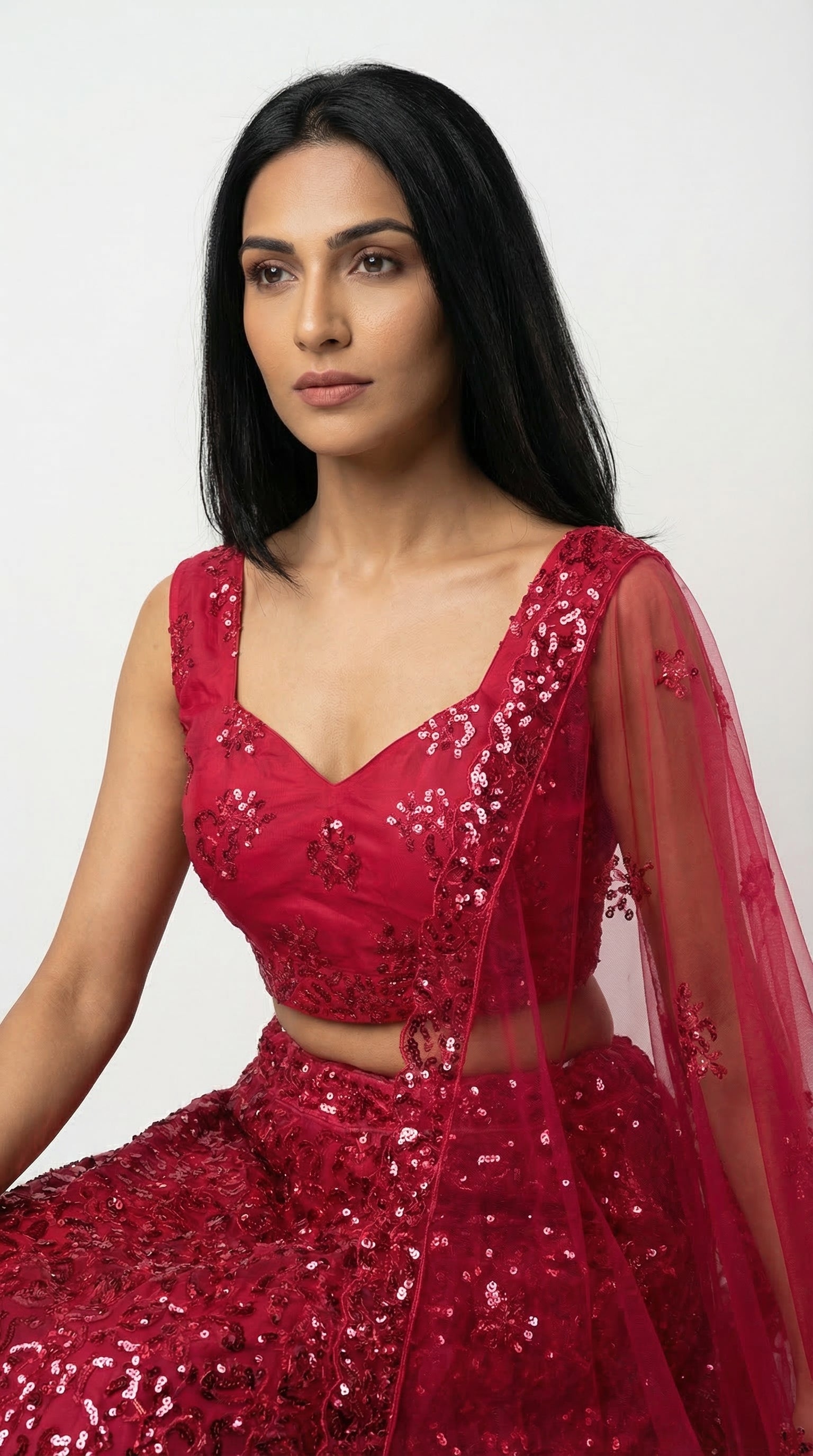 Crimson Red Sequin Embroidered Lehenga Set | Rosio House