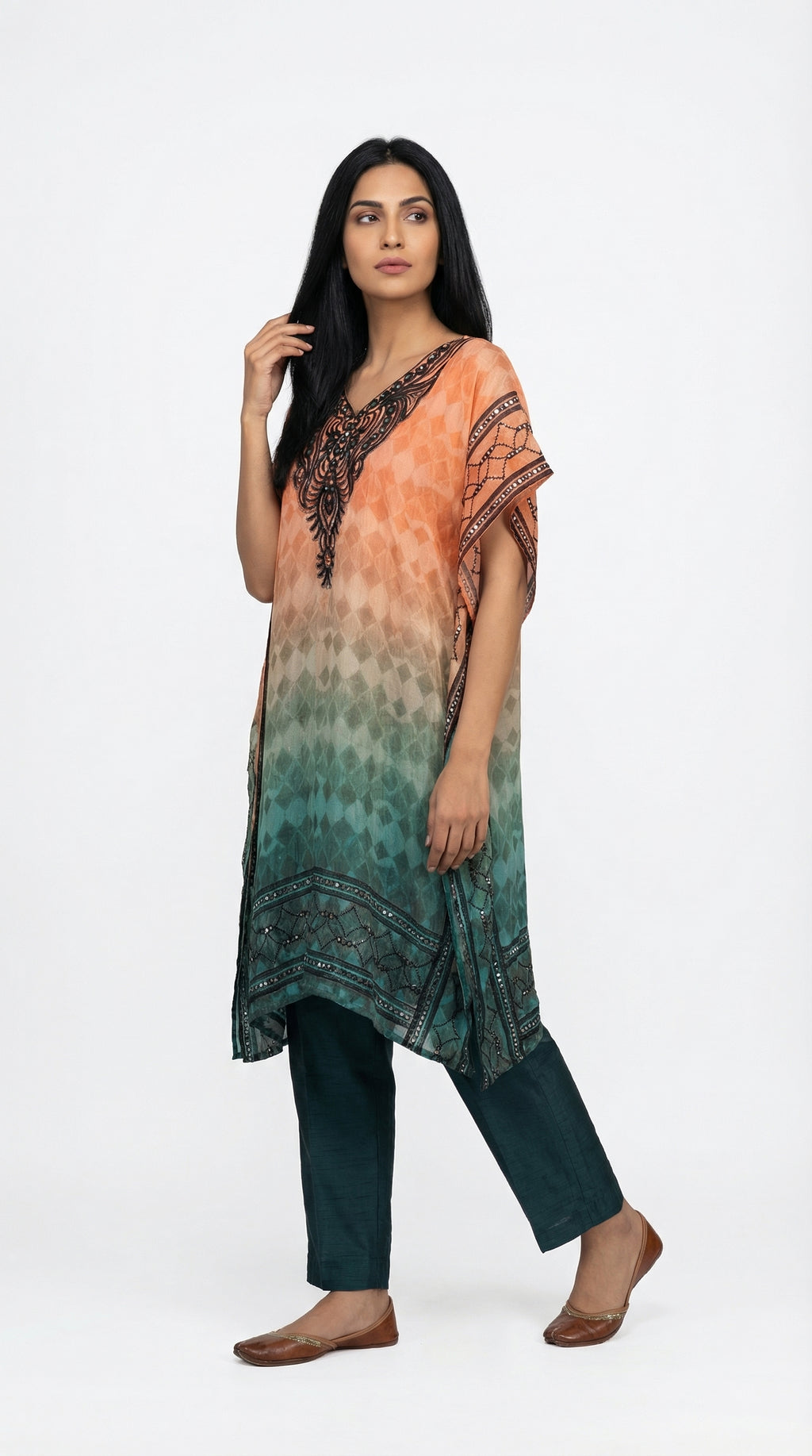 Peach & Teal Ombre Cotton Kaftan Set with Pants | Rosio House