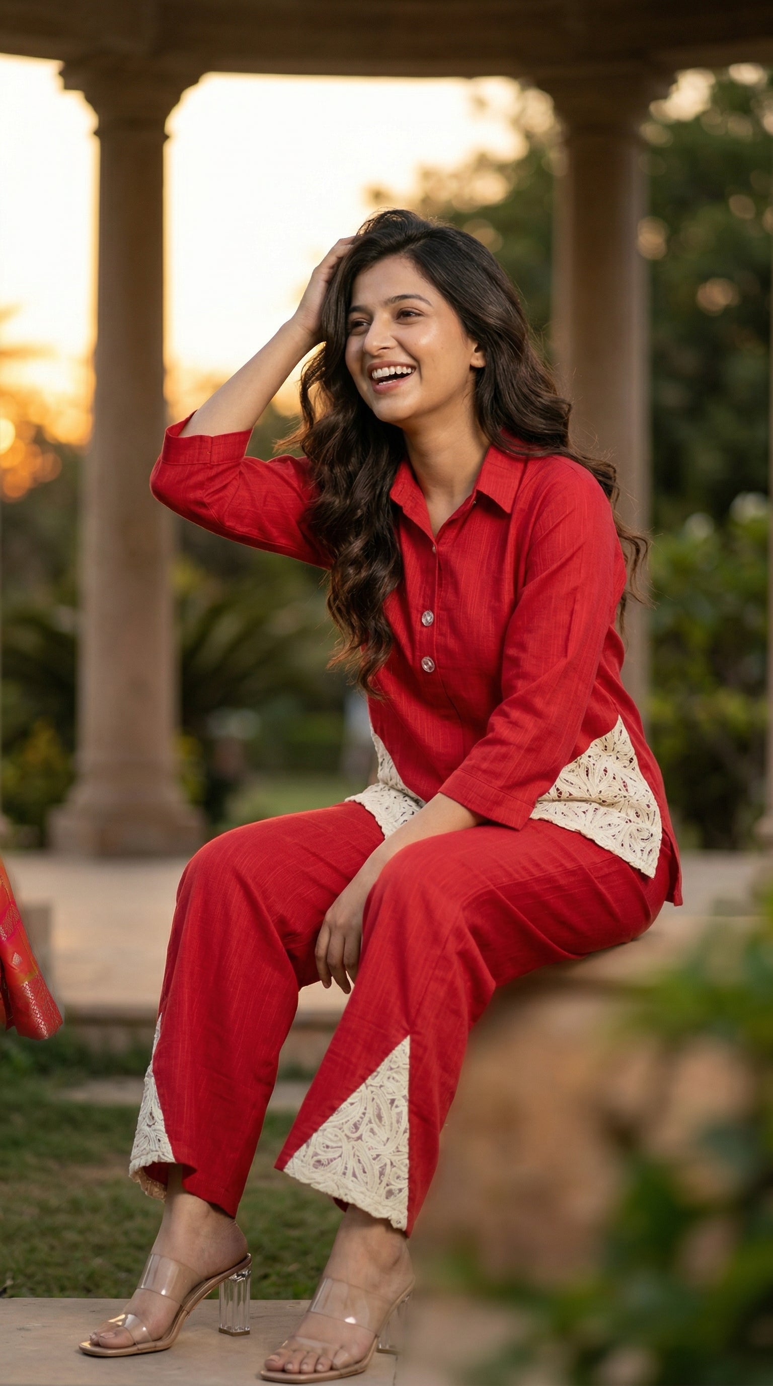 Red Pure Cotton Chiffli Lace Cord Set | Relaxed Fit Co-ord | Rosio House