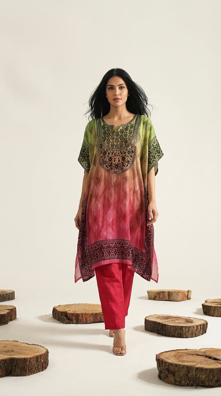 Ombre Embellished Kaftan & Red Slim Pants Set | Rosio House