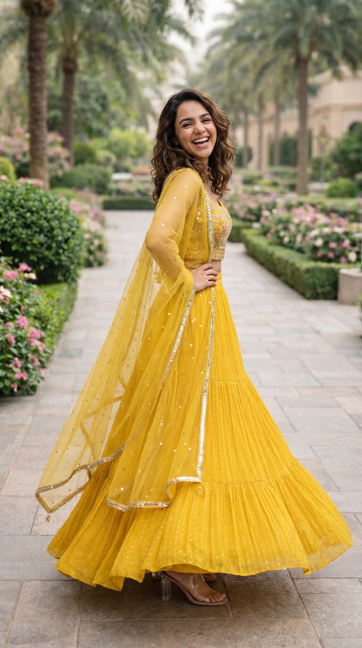 Mustard Yellow Tiered Lehenga Crop Top with Embroidered Blouse & Dupatta Set | Rosio House