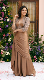 Champagne Beige Indo-Western Drape Skirt Set with Embroidered Short Jacket | Rosio House