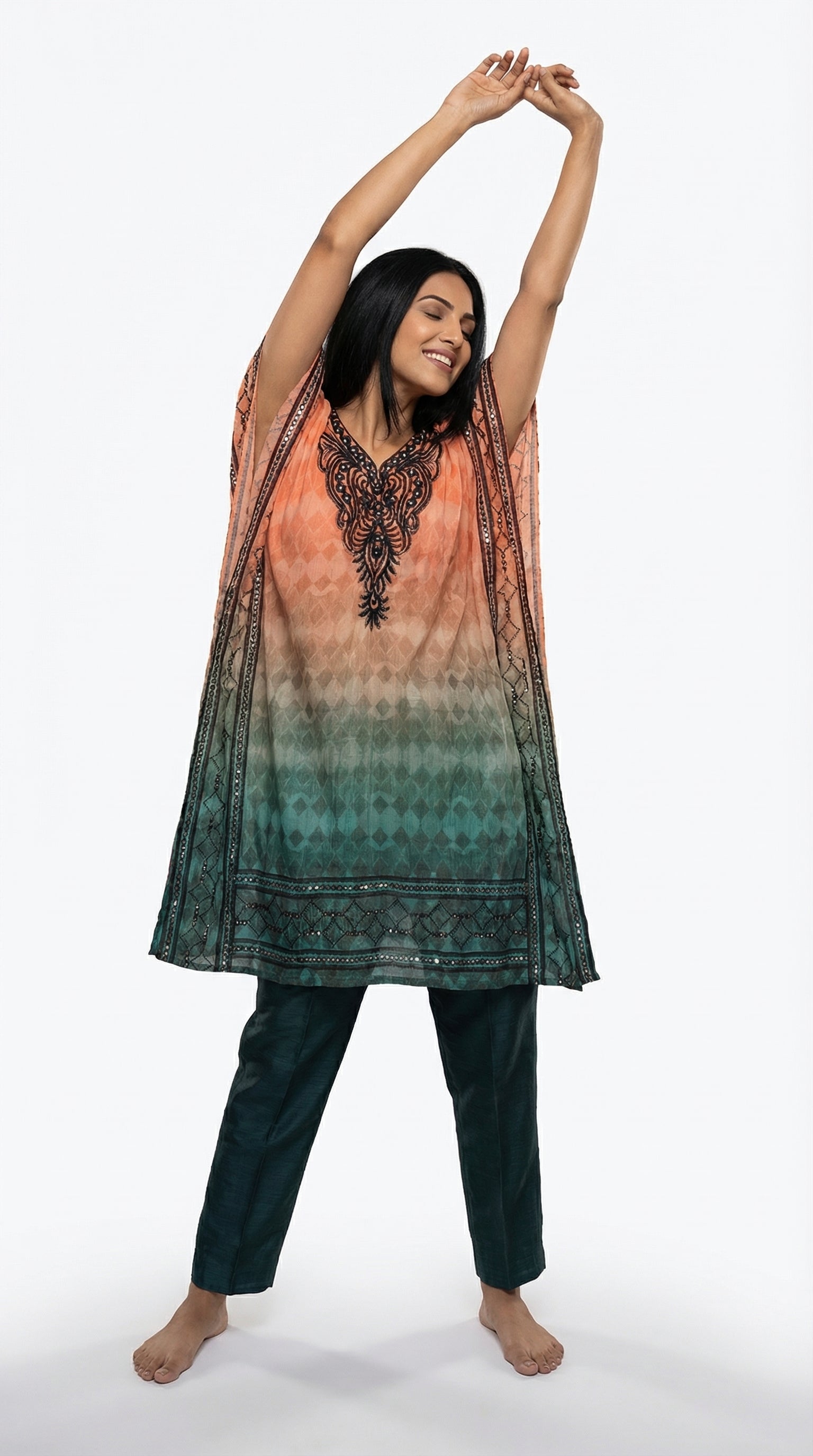 Peach & Teal Ombre Cotton Kaftan Set with Pants | Rosio House
