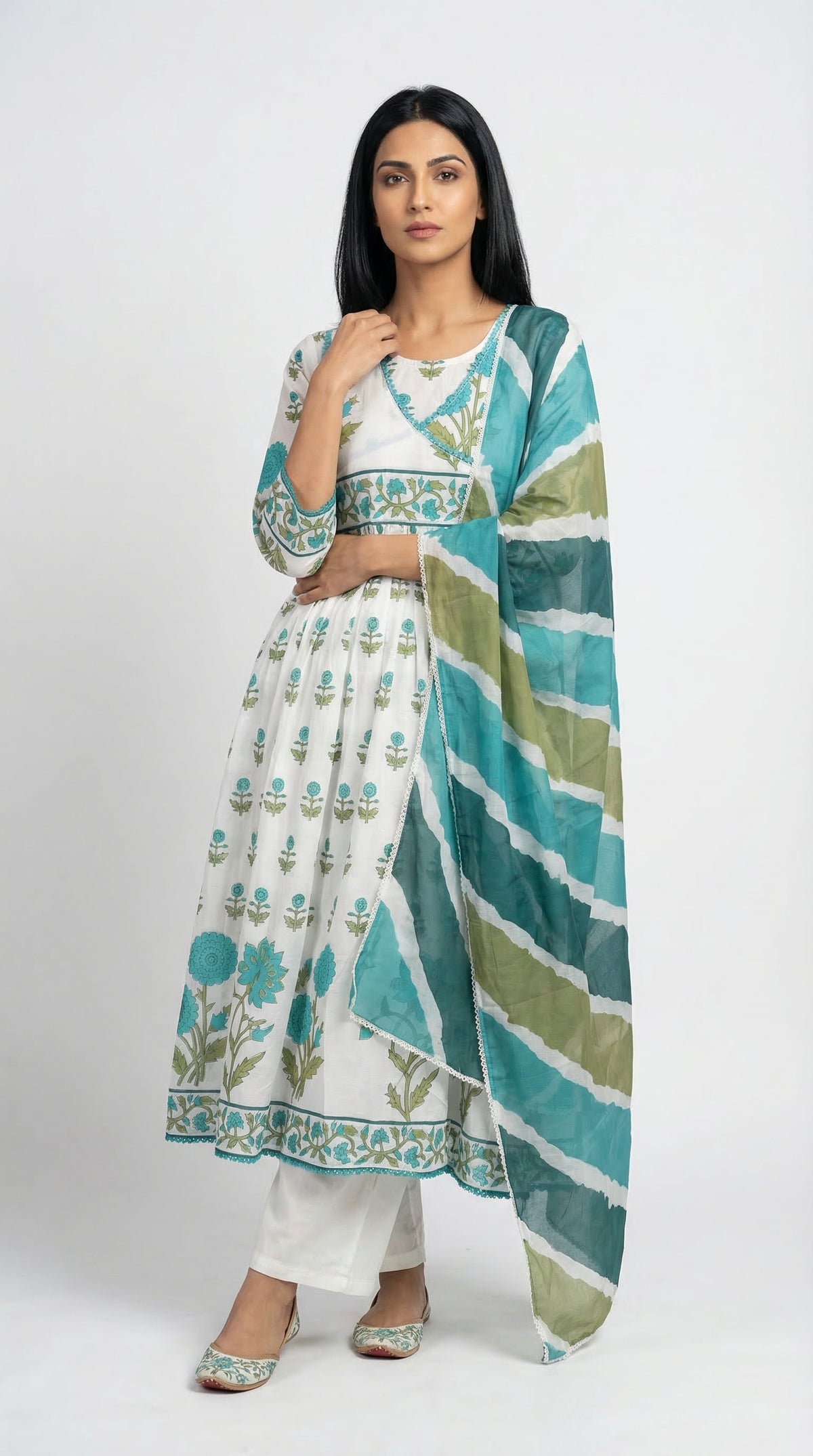White & Teal Green Block Print Cotton Suit Set | Rosio House
