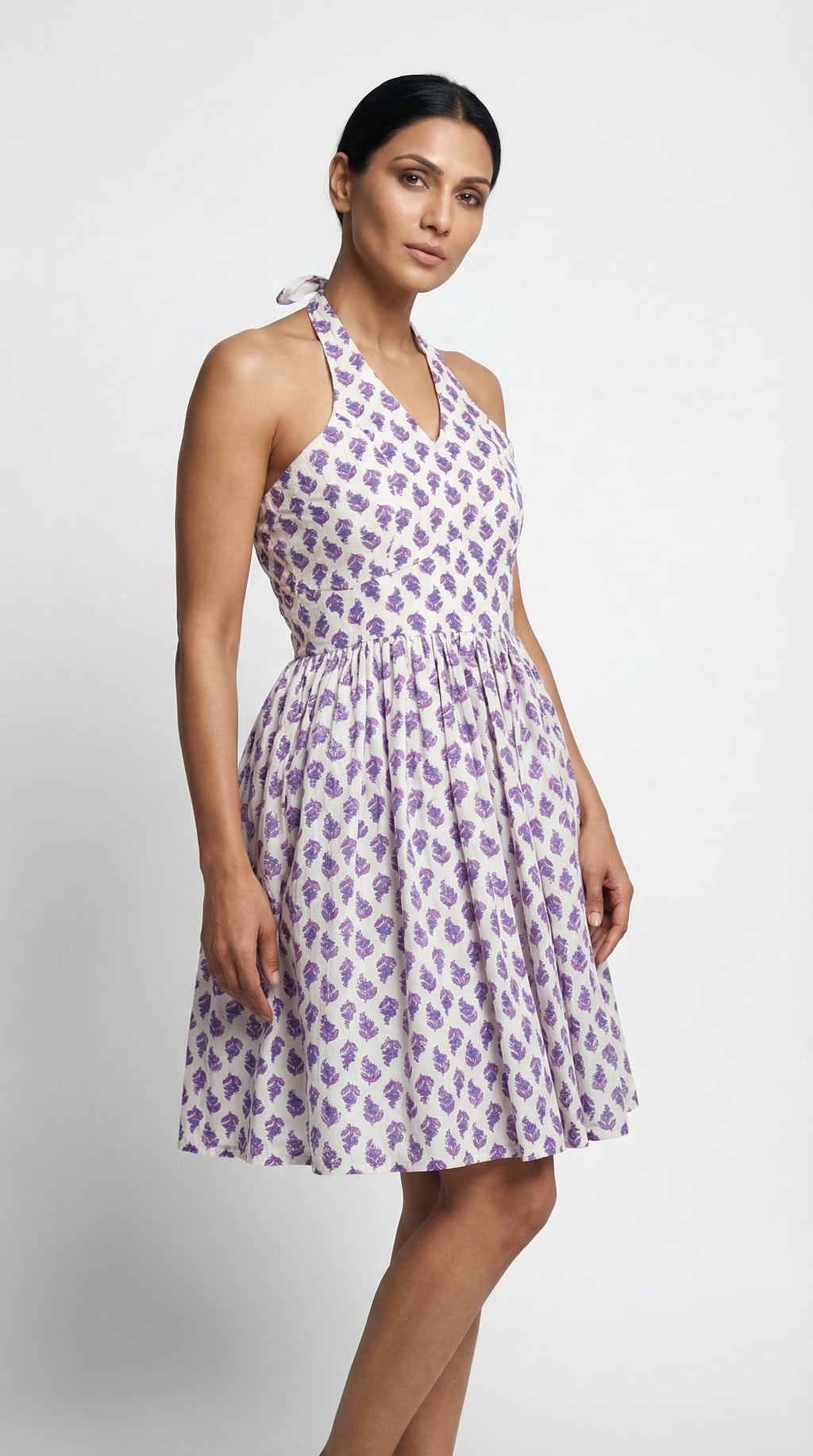 Purple Block Print Halter Neck Cotton Dress with Lining | Rosio House