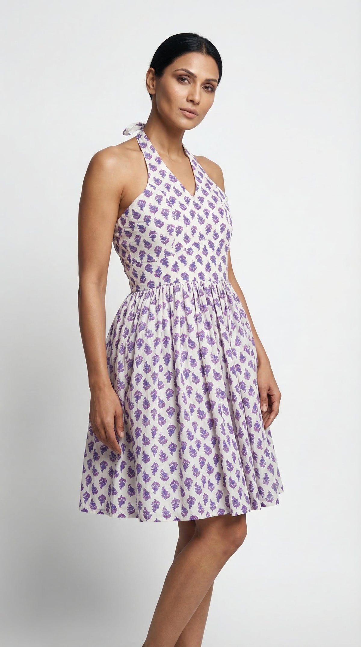 Purple Block Print Halter Neck Cotton Dress with Lining | Rosio House