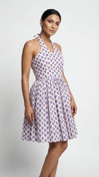 Purple Block Print Halter Neck Cotton Dress with Lining | Rosio House