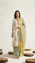 Ivory Yellow Block Print Cotton Suit Set | Rosio House