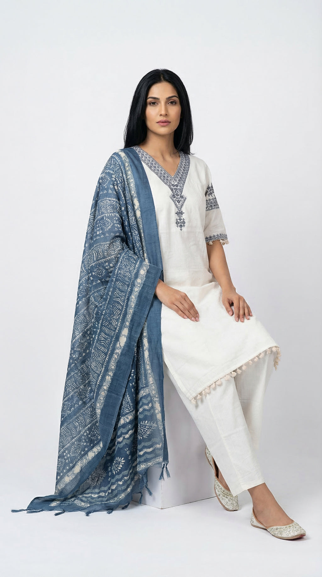 Off-White Embroidered Cotton Suit with Indigo Dupatta | Rosio House