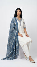 Off-White Embroidered Cotton Suit with Indigo Dupatta | Rosio House
