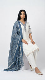 Off-White Embroidered Cotton Suit with Indigo Dupatta | Rosio House