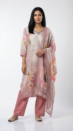 Blush Pink Printed Cotton Suit Set | Kurta, Pants & Dupatta | Rosio House