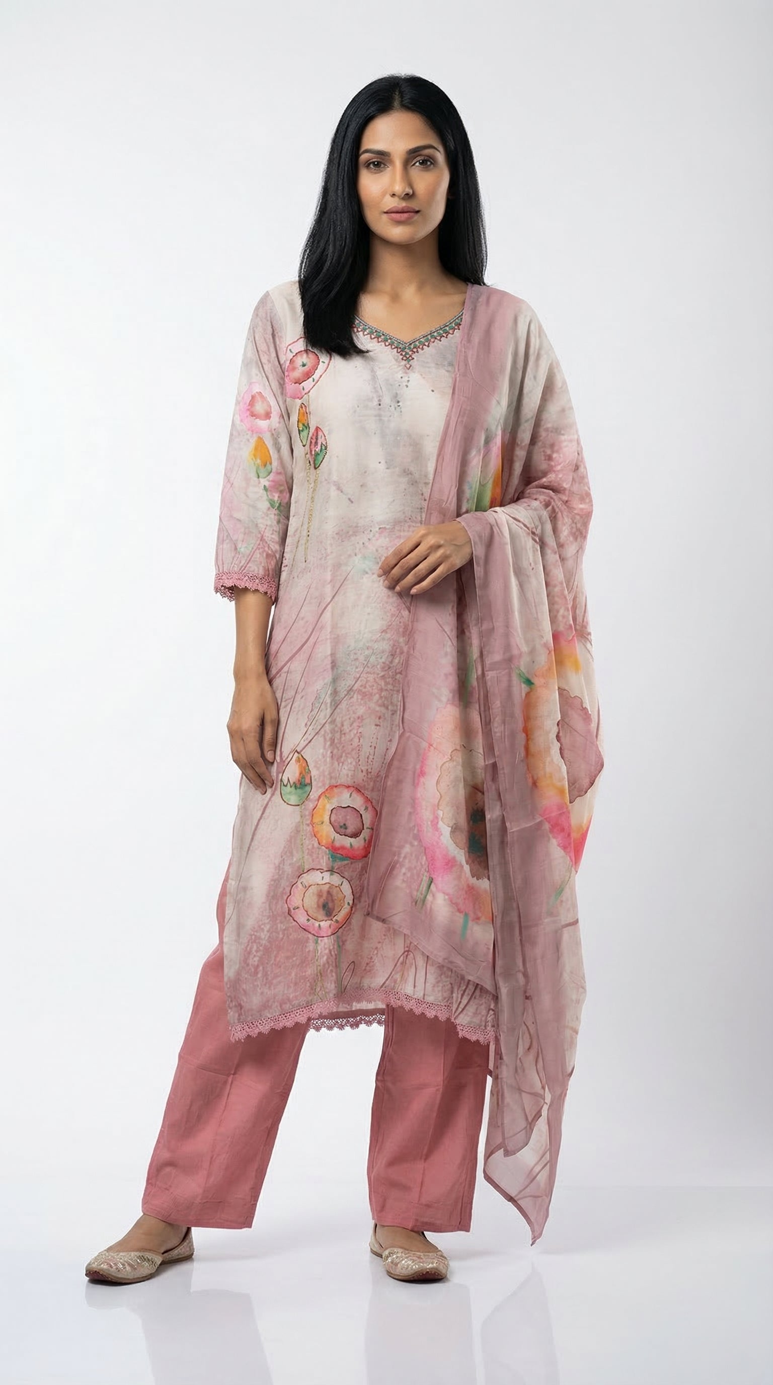 Blush Pink Printed Cotton Suit Set | Kurta, Pants & Dupatta | Rosio House