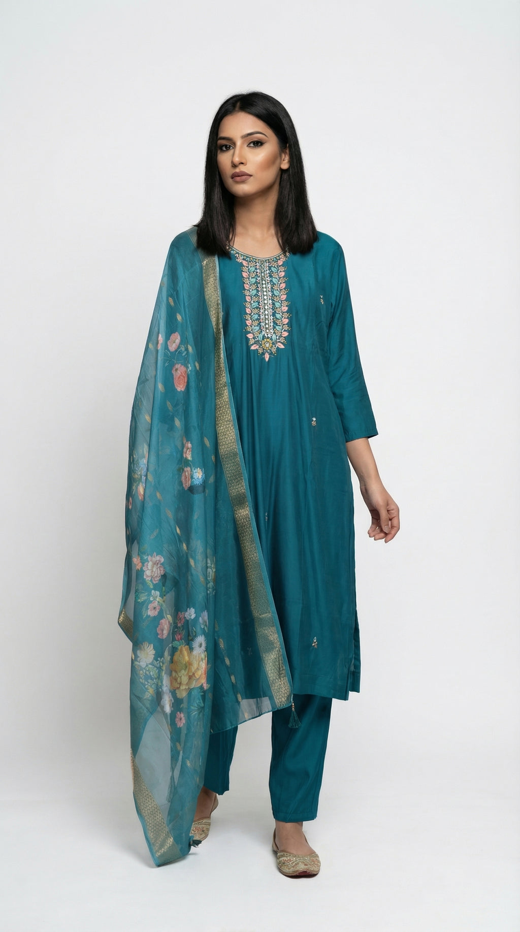 Teal Embroidered Art women suit with Floral Organza Dupatta | Rosio House