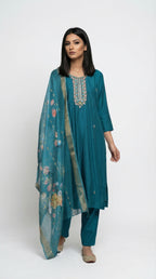 Teal Embroidered Art women suit with Floral Organza Dupatta | Rosio House