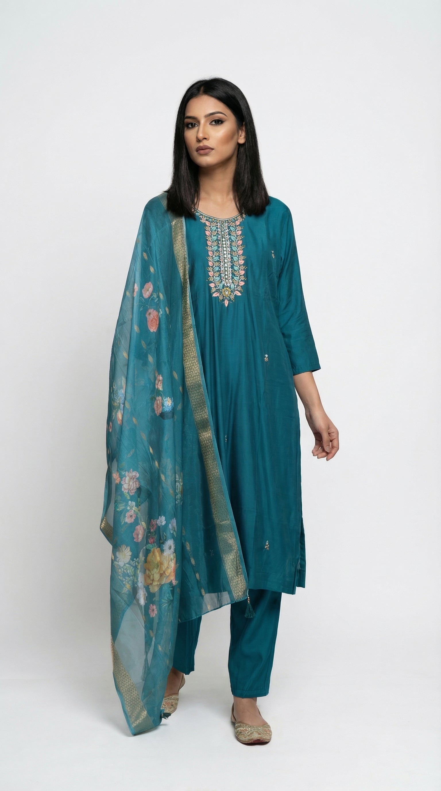 Teal Embroidered Art women suit with Floral Organza Dupatta | Rosio House