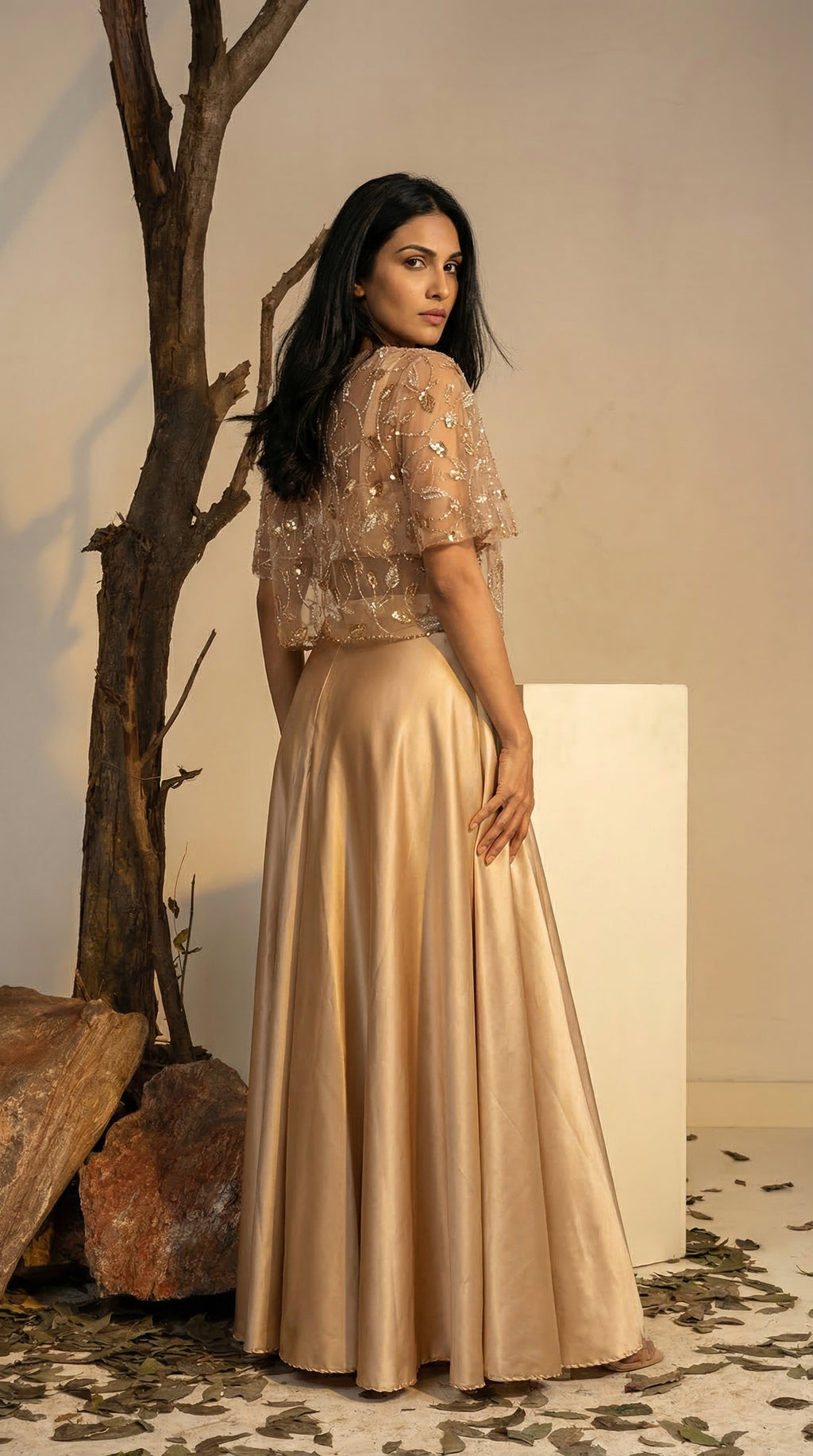 Champagne Embroidered Cape Set | Flowy Palazzo & Crop Top | Rosio House