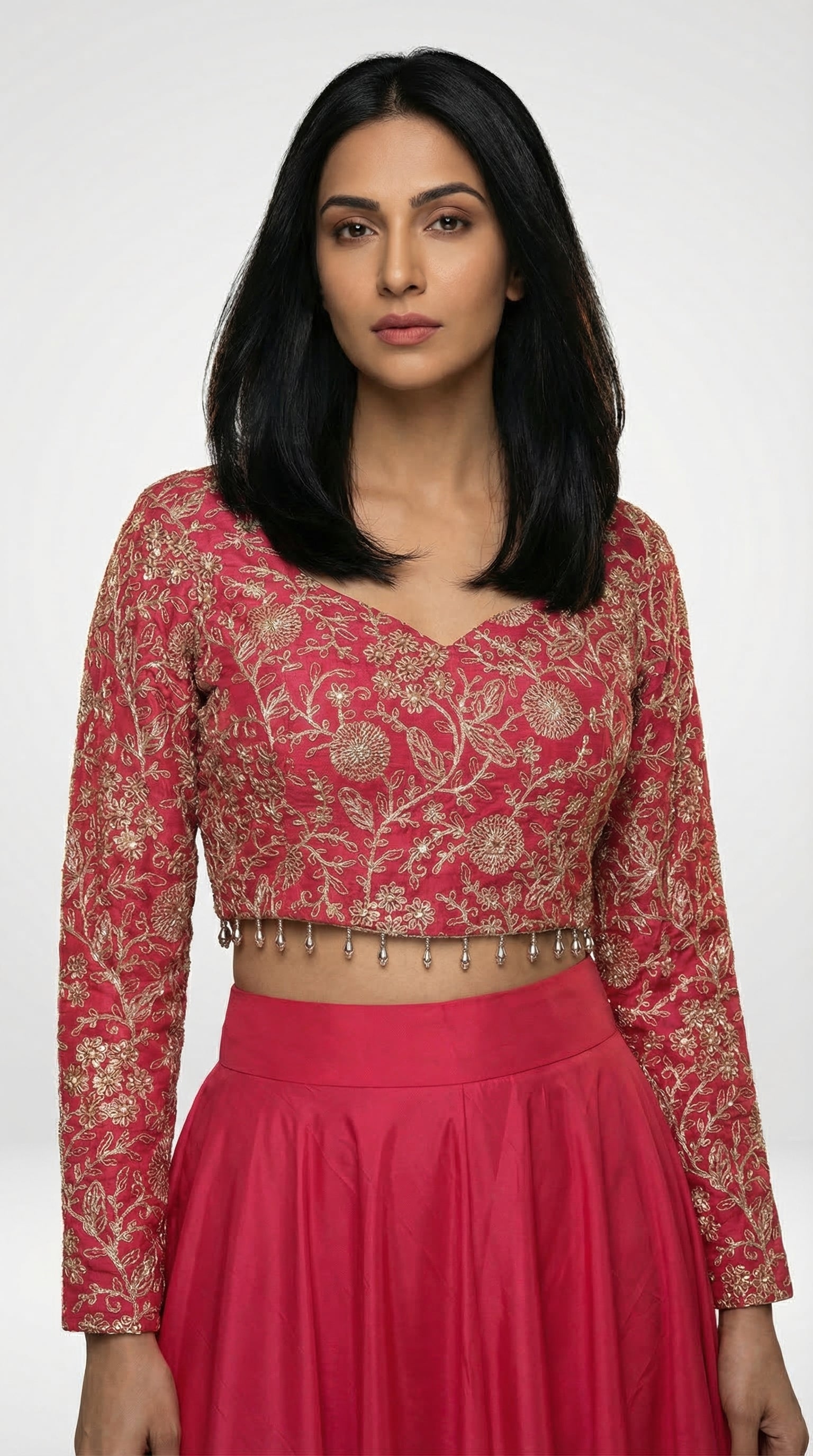 Rani Pink Embroidered Croptop Skirt Set | Rosio House