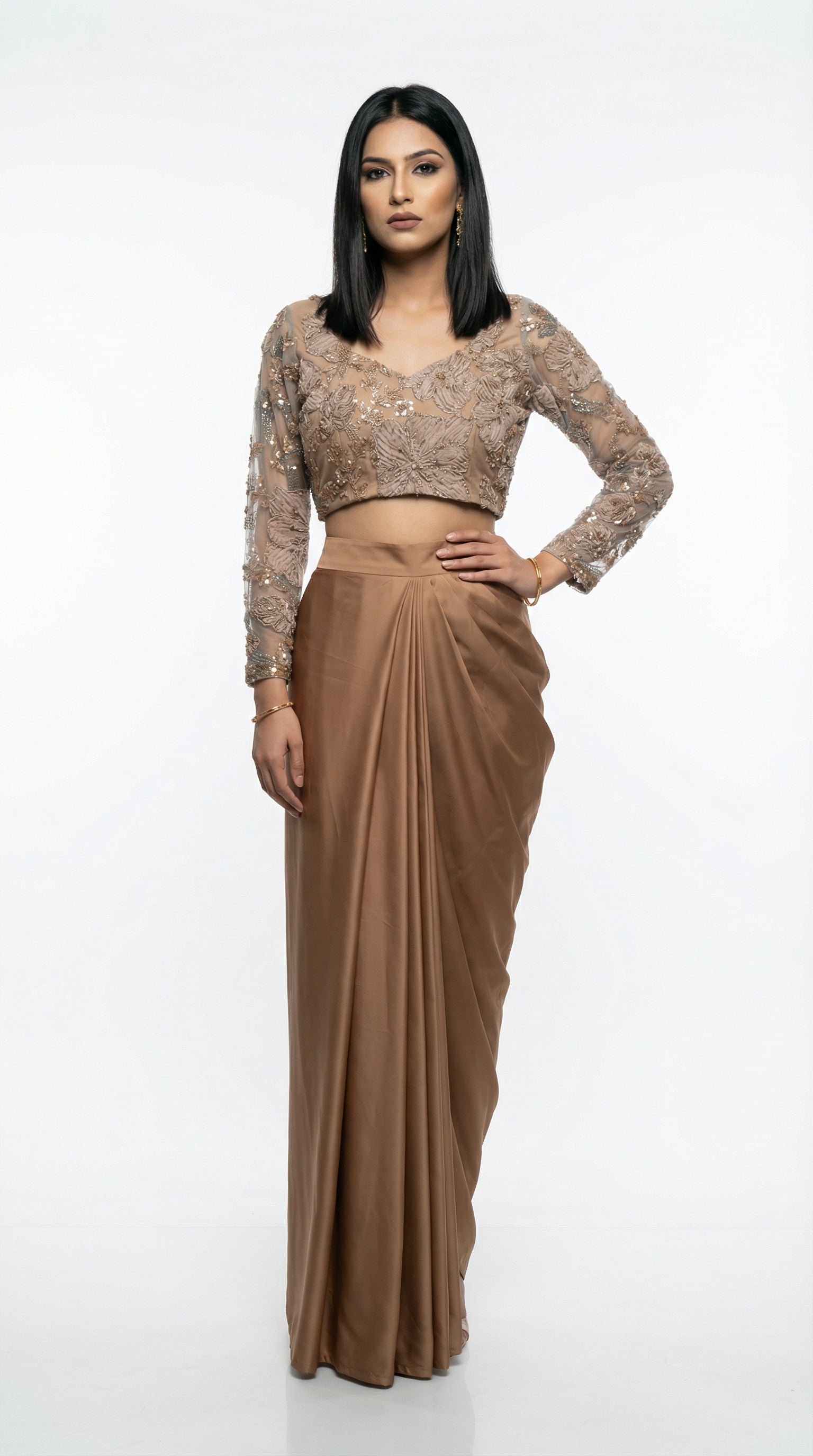 Champagne Bronze Sequin Embroidered Skirt Set | Indo-Western | Rosio House