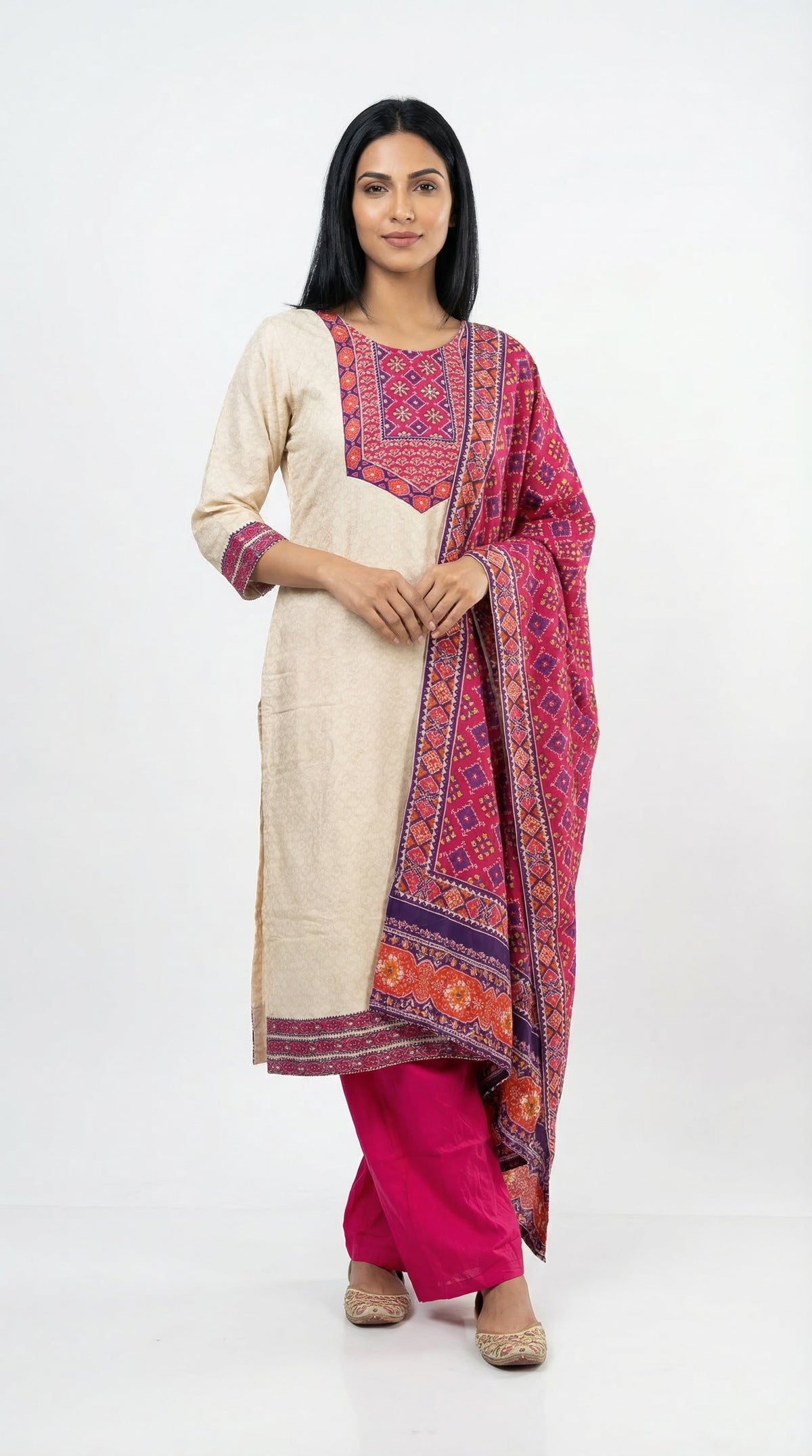 Vibrant Cream & Fuchsia Cotton Suit with Printed Dupatta | Rosio House