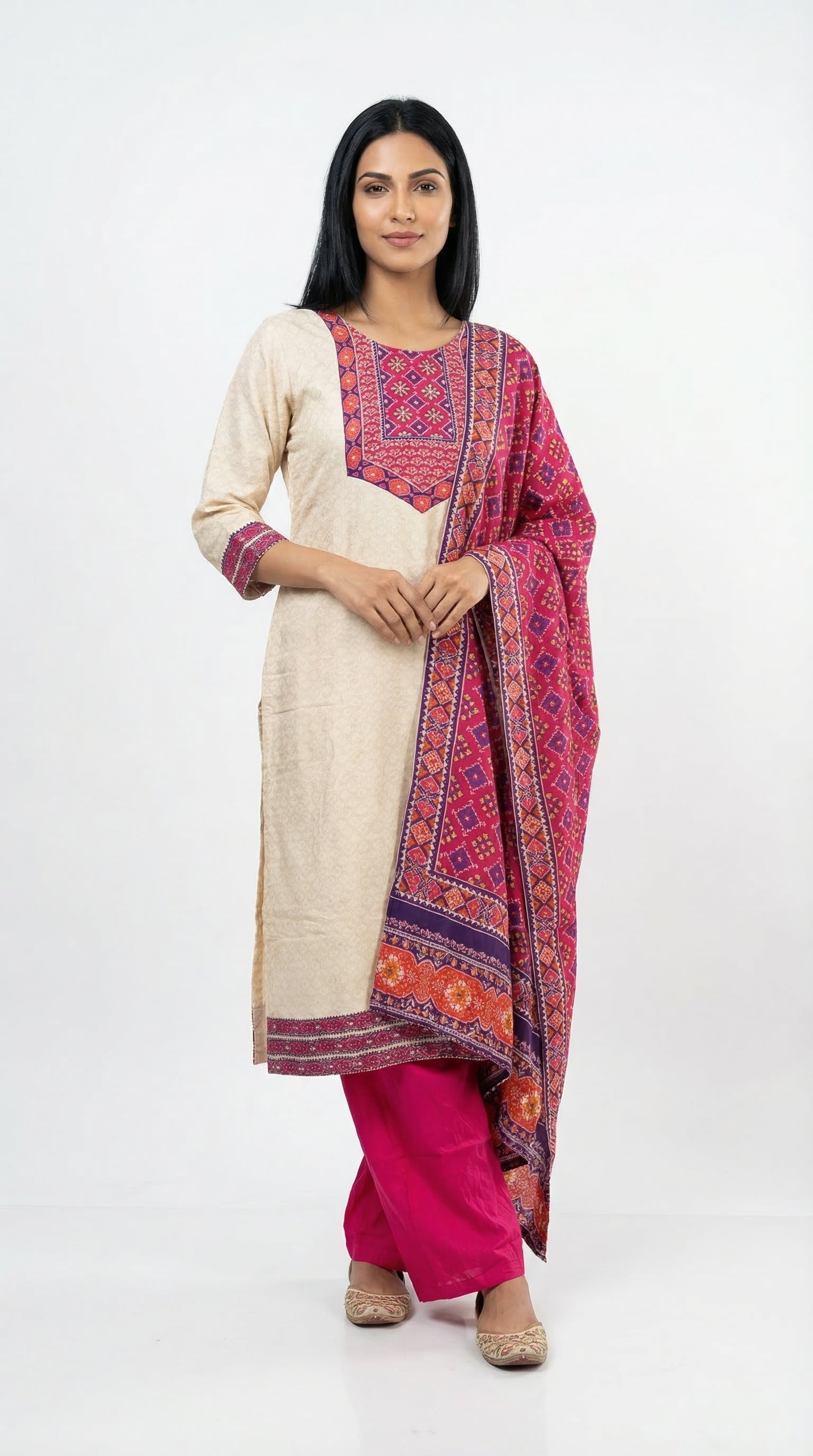 Vibrant Cream & Fuchsia Cotton Suit with Printed Dupatta | Rosio House