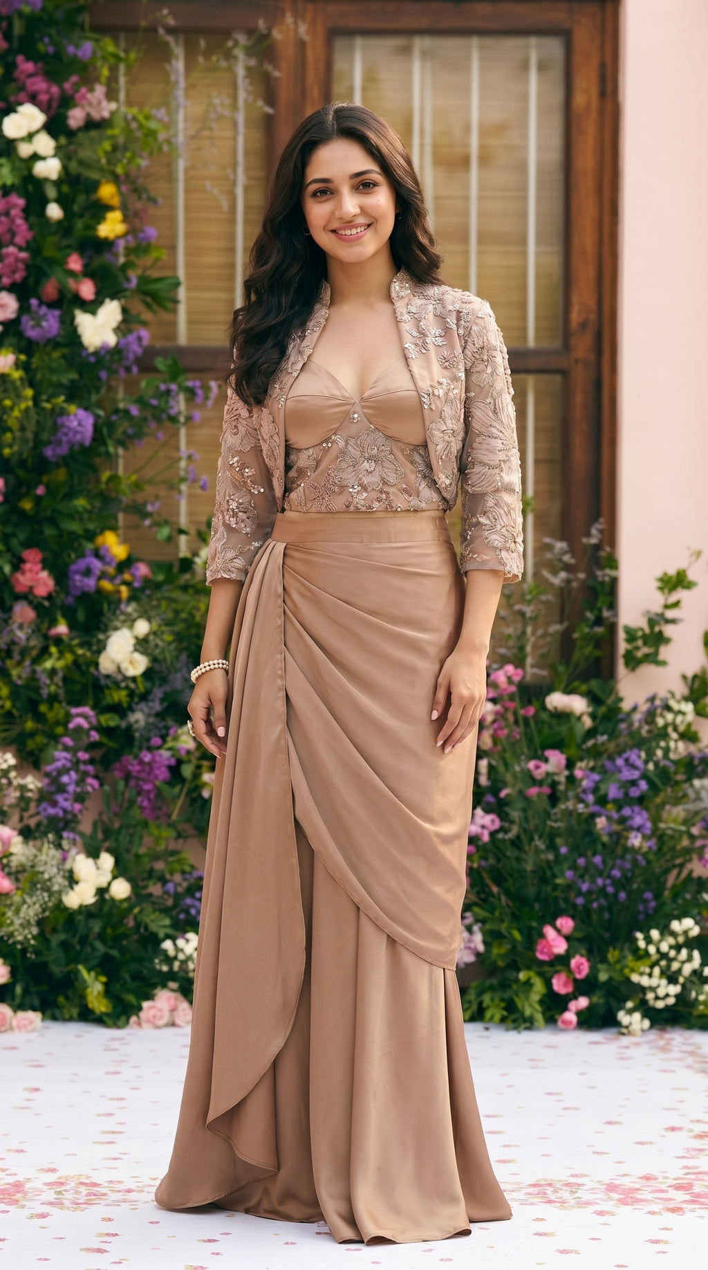 Champagne Beige Indo-Western Drape Skirt Set with Embroidered Short Jacket | Rosio House