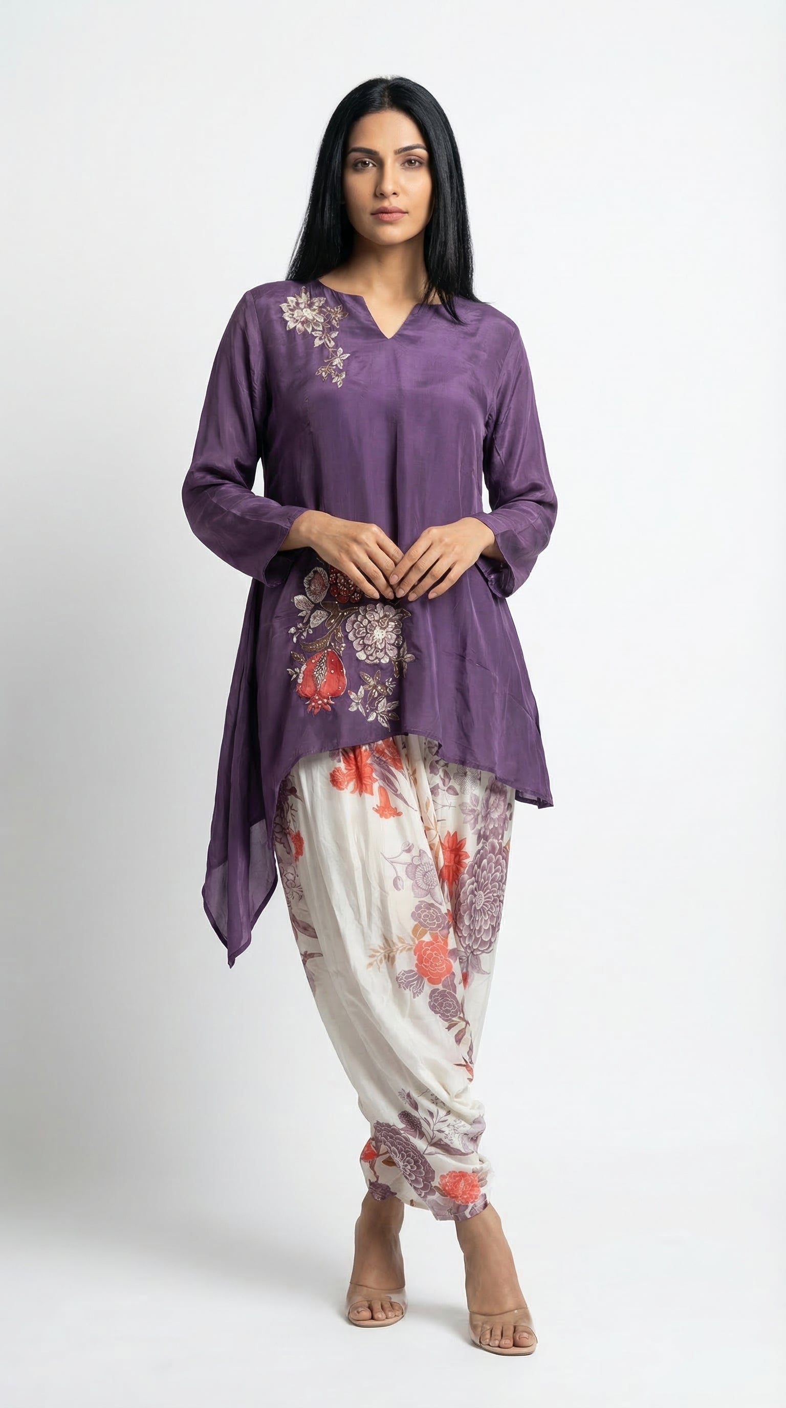 Plum Embroidered Kafta Suit & Floral Farshi Salwar | Rosio House