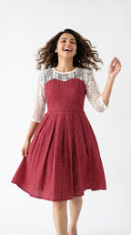 Red Schiffli Lace Polka Dot Midi Dress | Rosio House