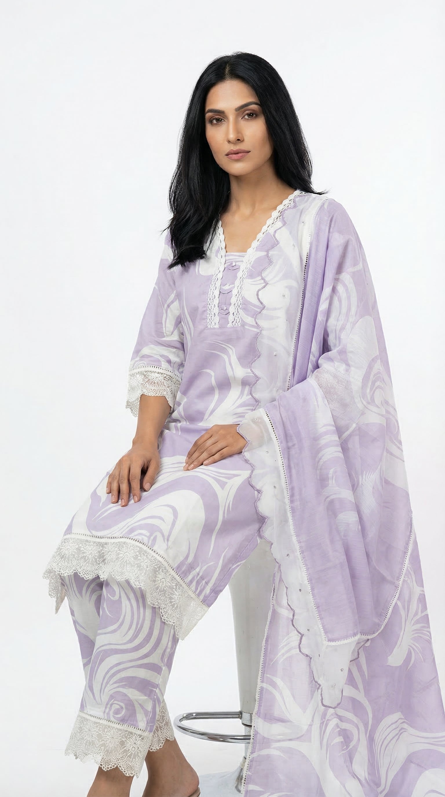Lavender White Printed Cotton Suit | Lace Detail | Rosio House