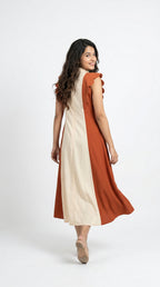 Cream & Terracotta Color Block Midi Dress | Scalloped Sleeves | Rosio House