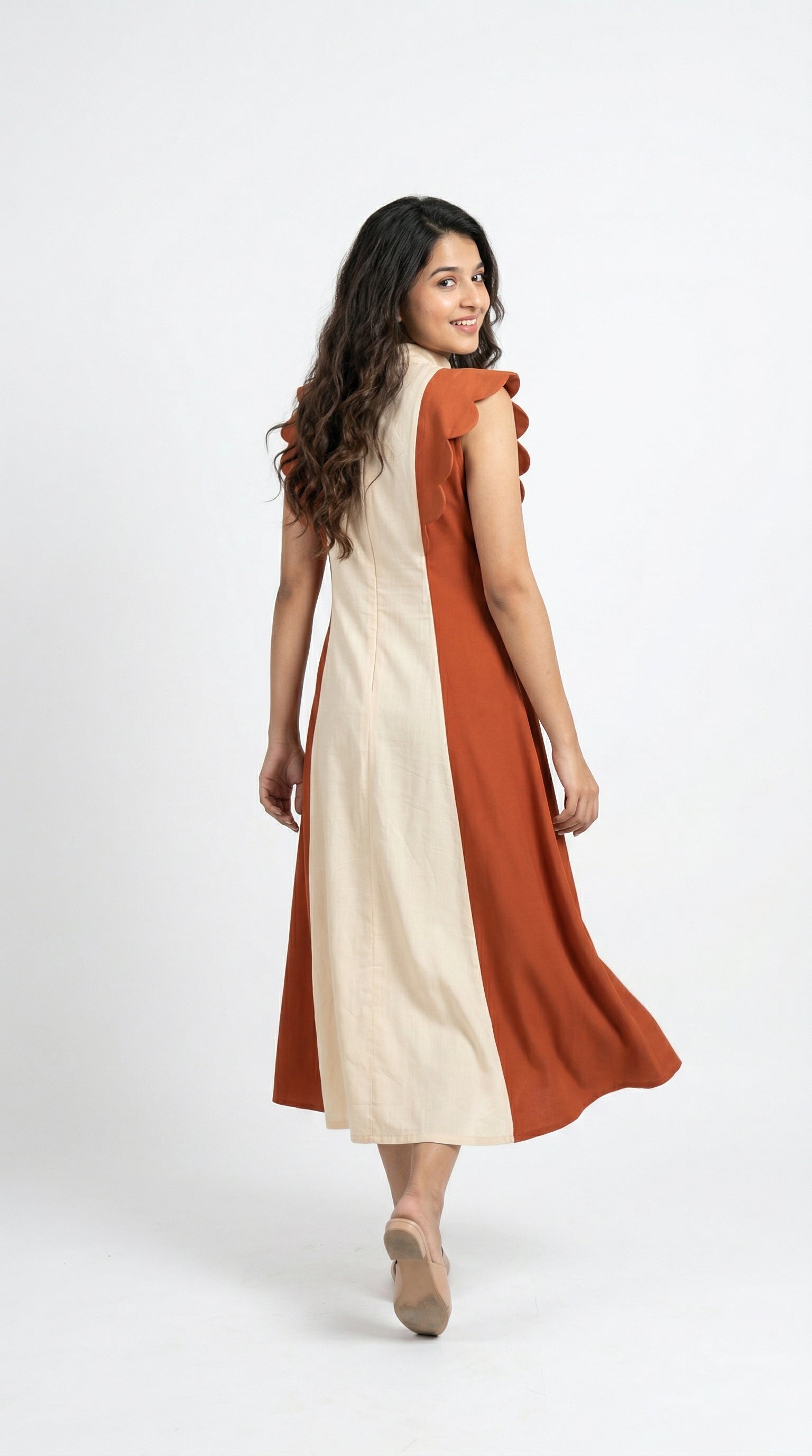 Cream & Terracotta Color Block Midi Dress | Scalloped Sleeves | Rosio House