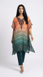 Peach & Teal Ombre Cotton Kaftan Set with Pants | Rosio House
