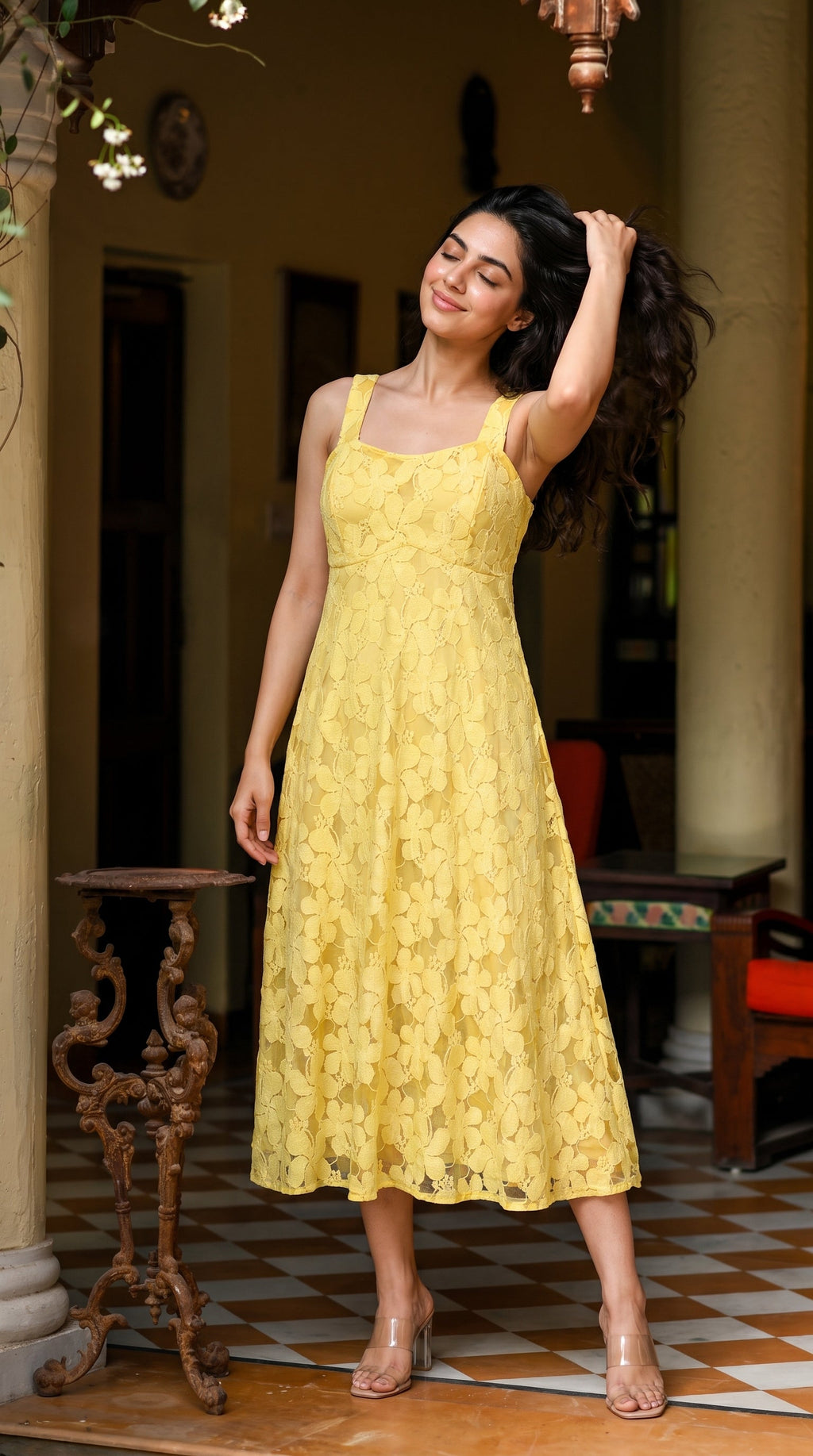 Yellow Flower Net Dress - Rosio House