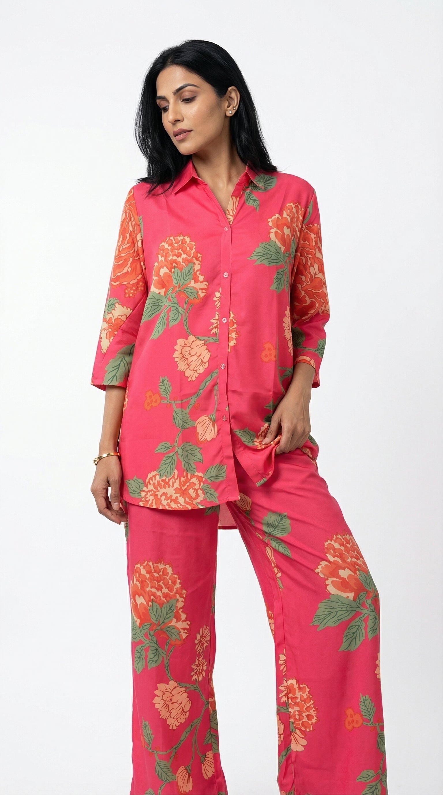 Coral Pink Floral Cord Set for Women | Shirt & Pants | Rosio House