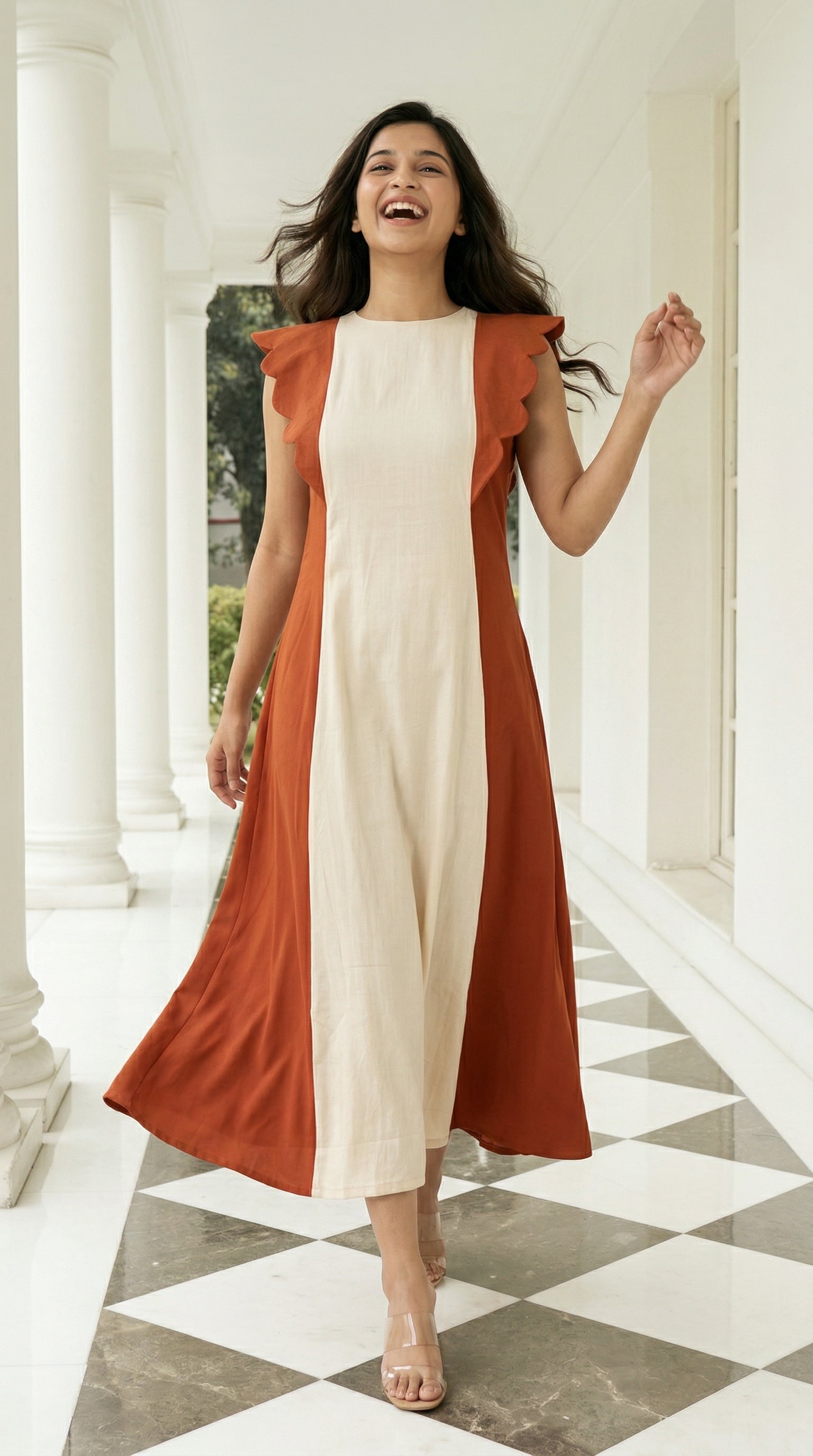 Cream & Terracotta Color Block Midi Dress | Scalloped Sleeves | Rosio House